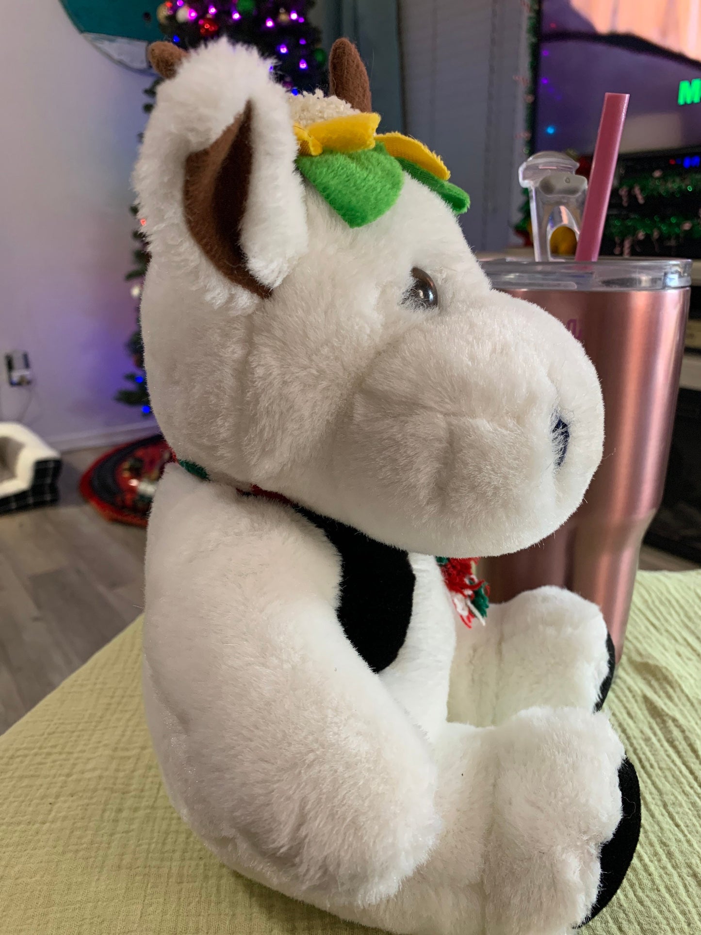 Restored Vintage Cow Plush Toy, Sunflower Crown