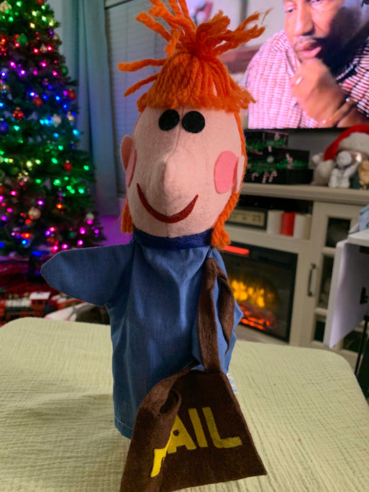 Vintage Mary Meyer Red Headed Mail Lady Hand Puppet Plush with brown mail bag