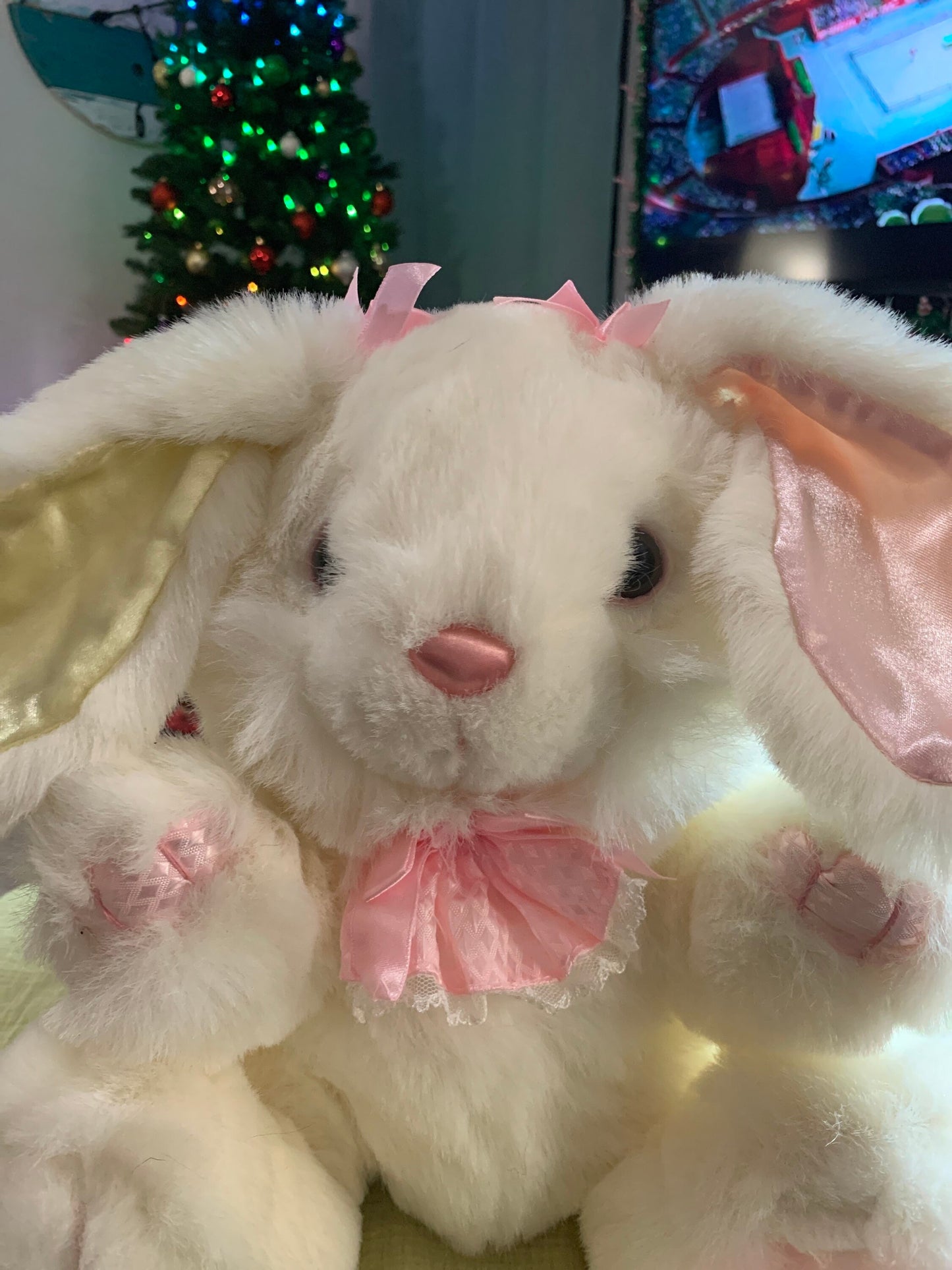 White Fluffy Easter Bunny Rabbit. 12” Pink Satin bows and feet. ADORABLE!