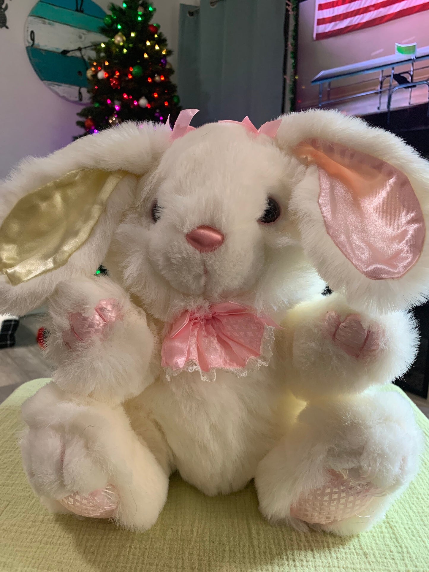 White Fluffy Easter Bunny Rabbit. 12” Pink Satin bows and feet. ADORABLE!