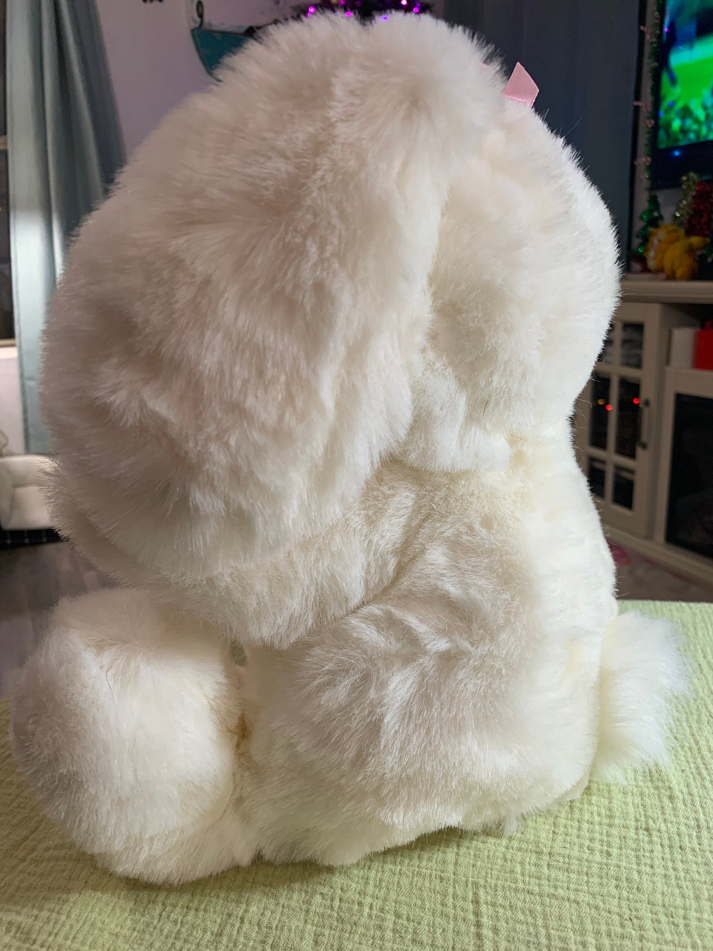 White Fluffy Easter Bunny Rabbit. 12” Pink Satin bows and feet. ADORABLE!