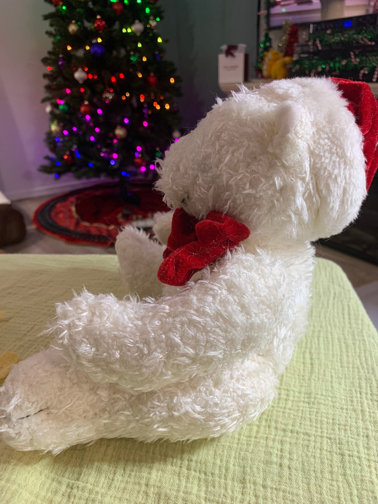 Vintage White Teddy Bear Polar Bear Plush with Red Velvet Bow and Santa Hat