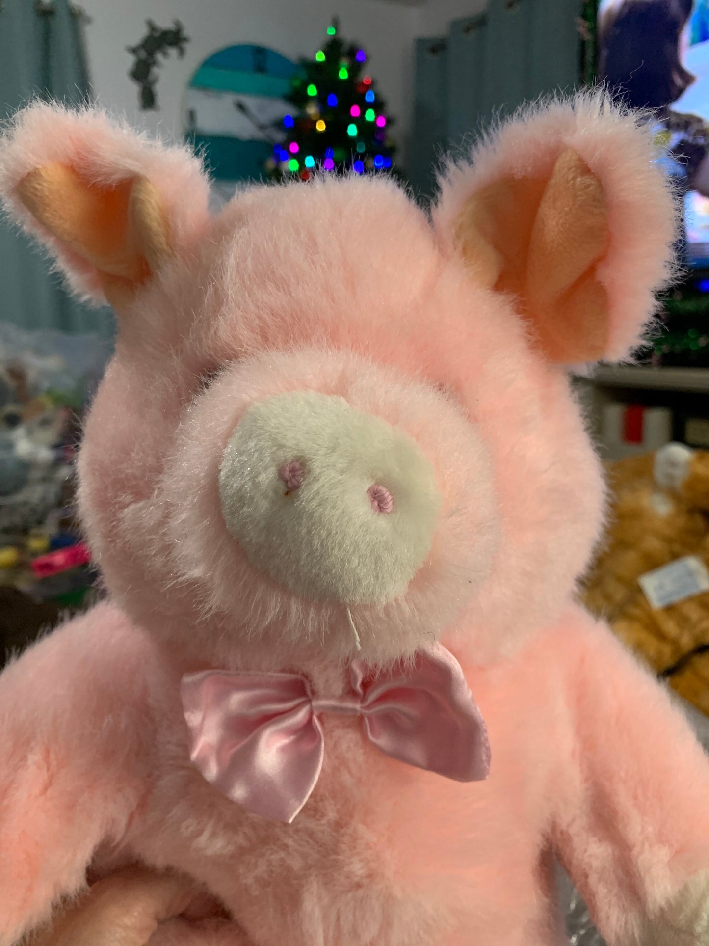 Vintage 1999 Hugfun Pink Pig Plush with Pink Satin Bow tie Stuffed Animal