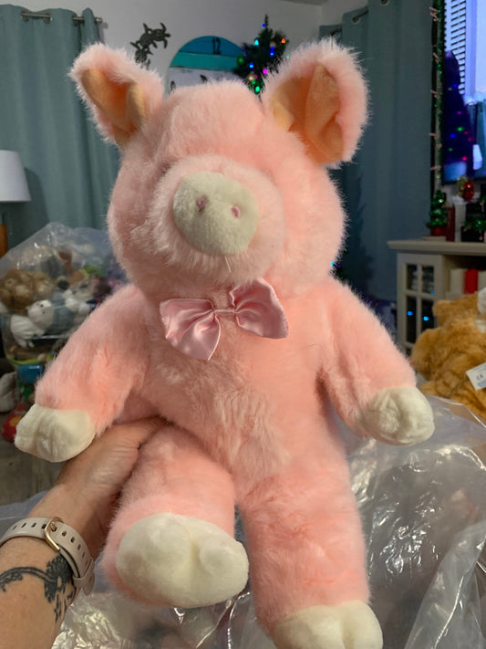 Vintage 1999 Hugfun Pink Pig Plush with Pink Satin Bow tie Stuffed Animal
