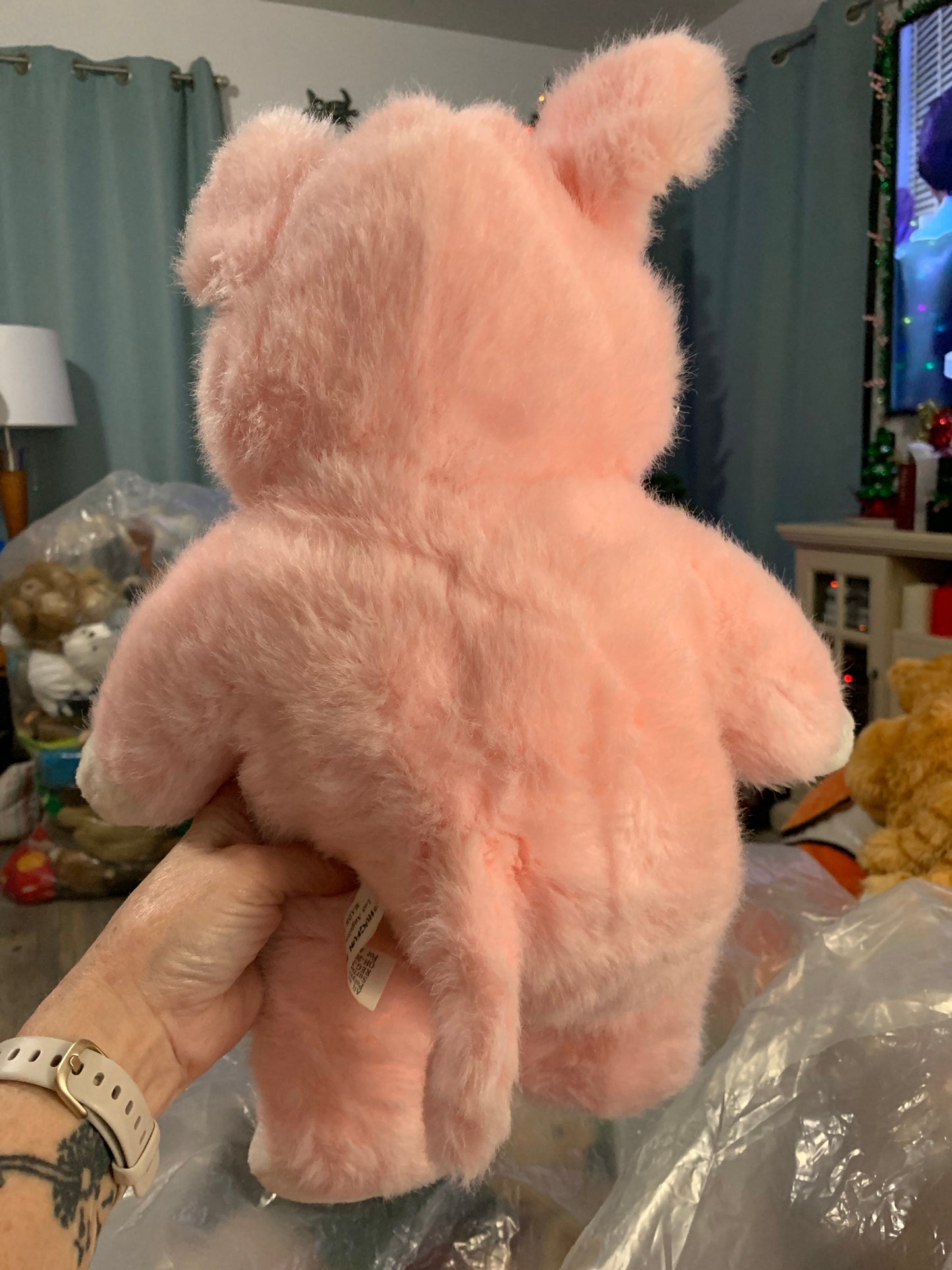 Vintage 1999 Hugfun Pink Pig Plush with Pink Satin Bow tie Stuffed Animal