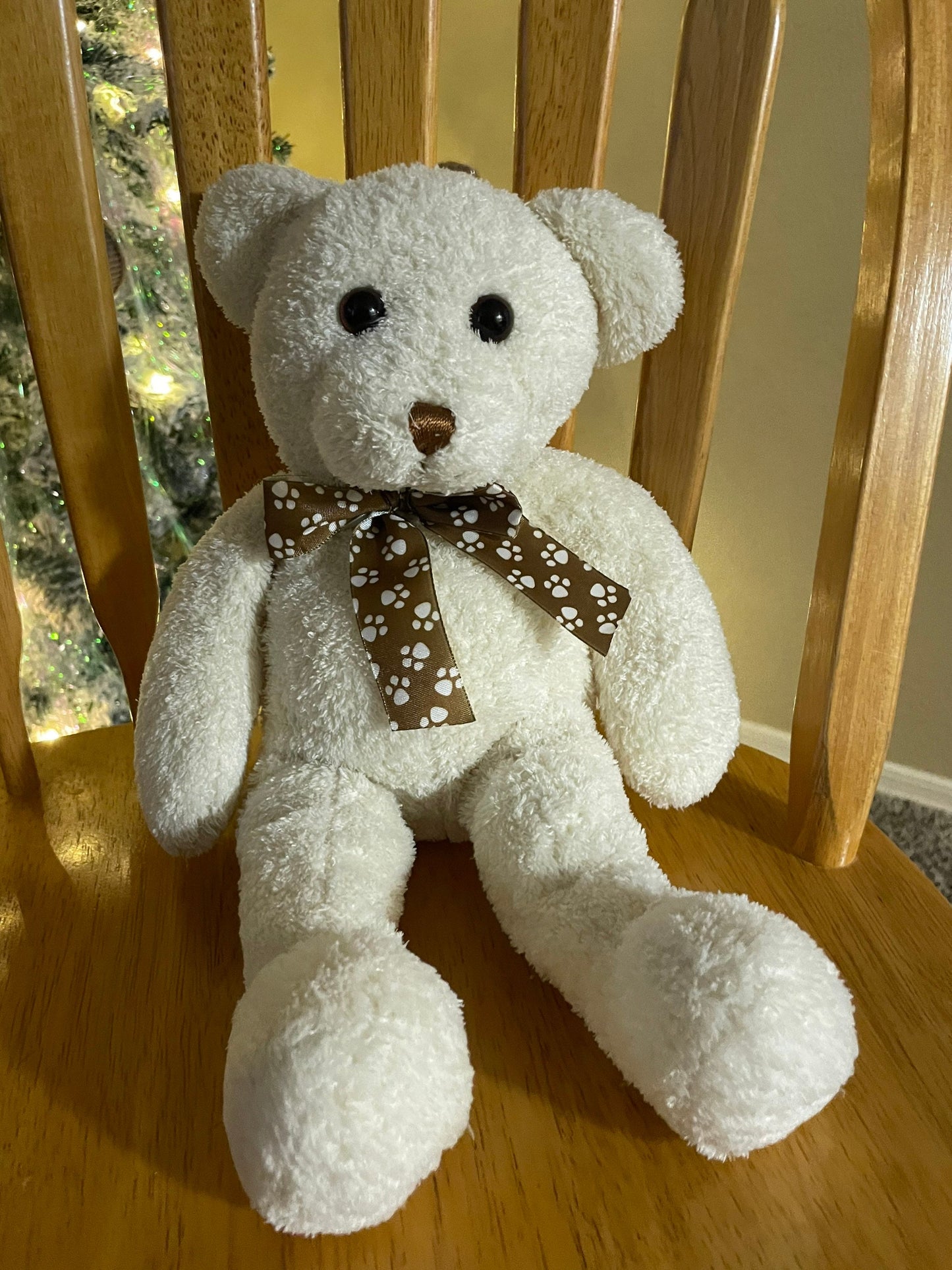 White Teddy bear with brown paw print ribbon stuffed animal plush toy