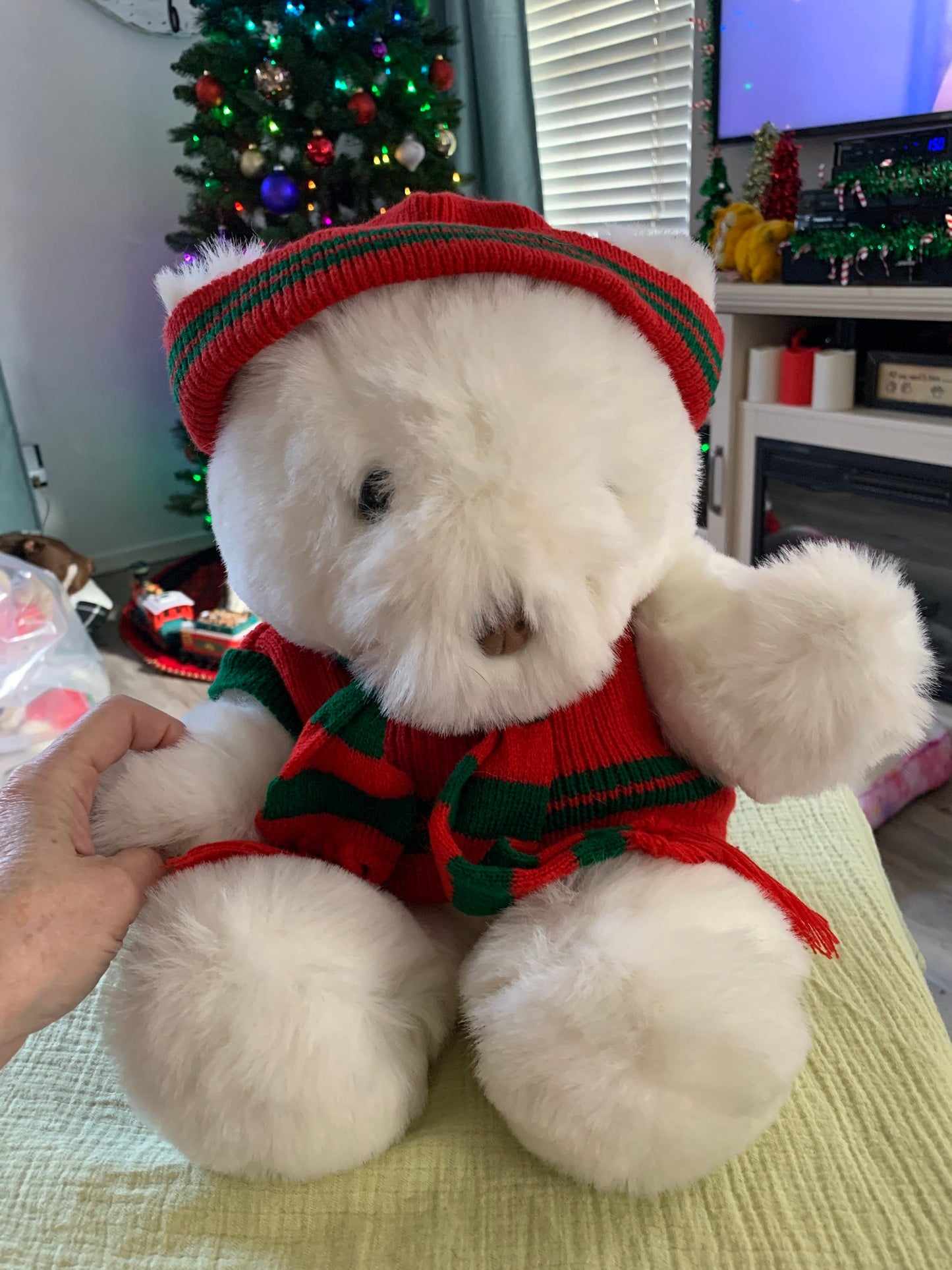 Vintage 1986 white holiday Teddy Bear plush. Red and green scarf, hat and shirt