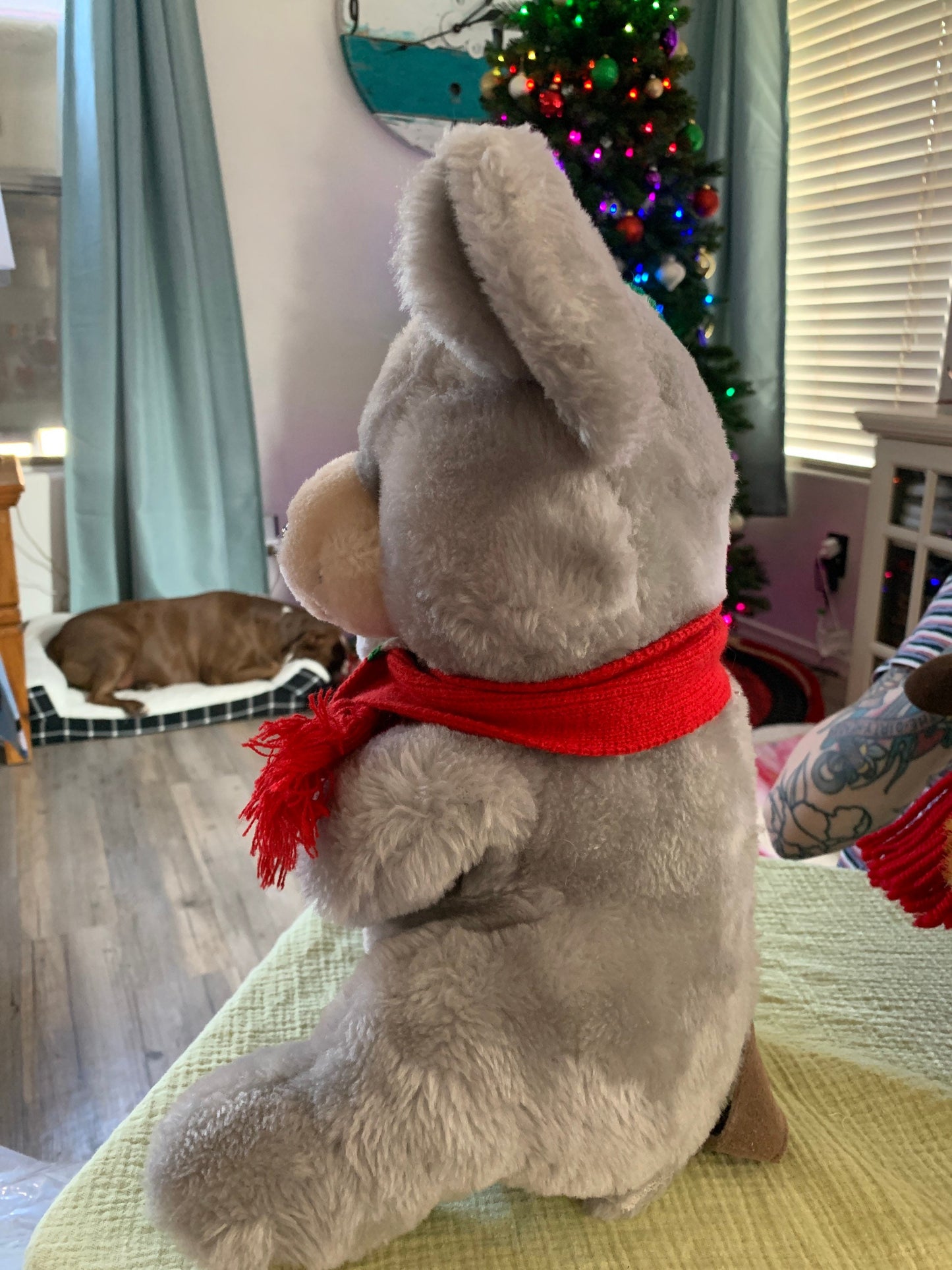 Vintage Cuddle Wit Holiday gray mouse plush with Santa hat and scarf.