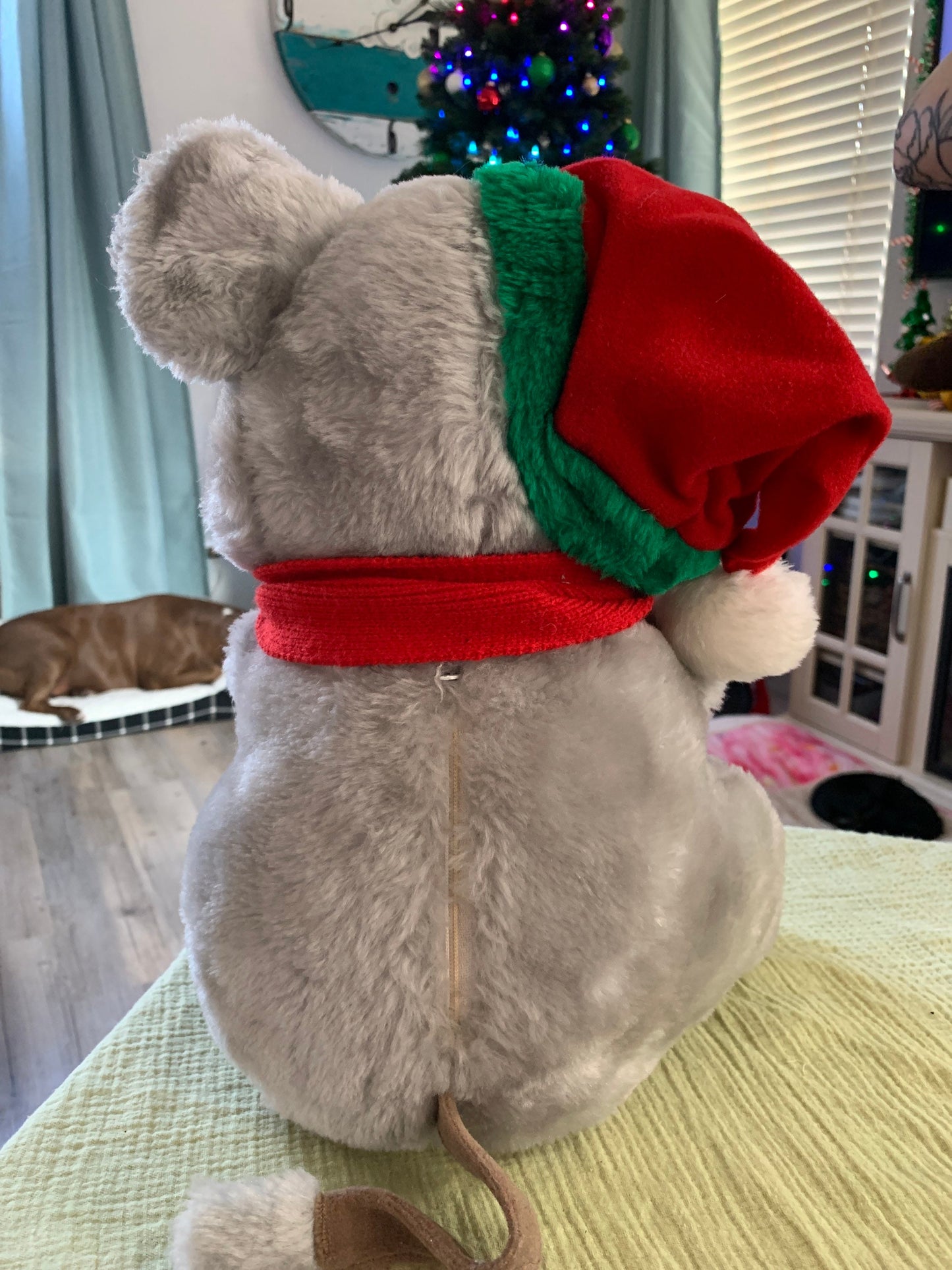 Vintage Cuddle Wit Holiday gray mouse plush with Santa hat and scarf.