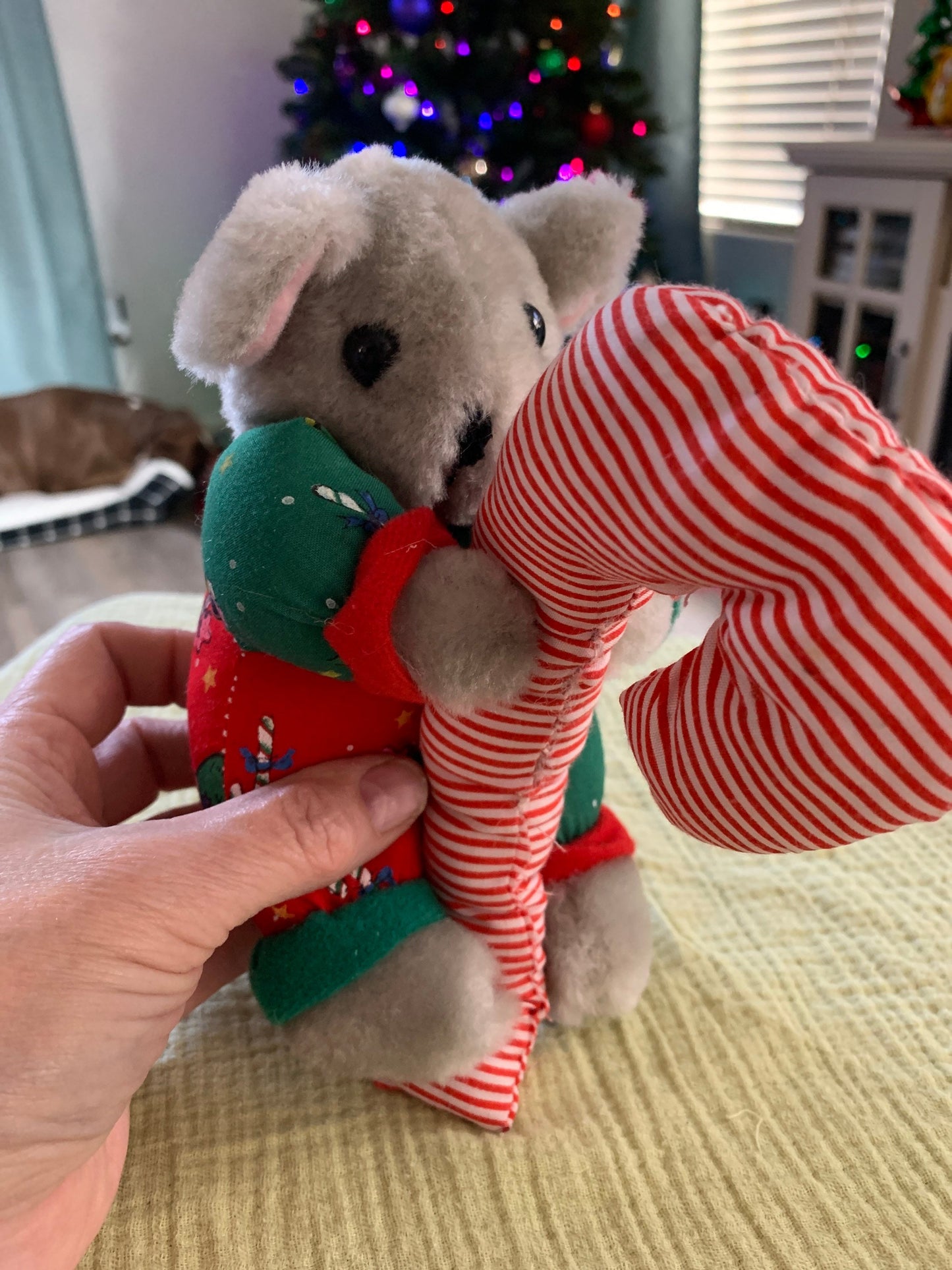 Vintage Just 4 Play Christmas Holiday Mouse on a candy cane plush