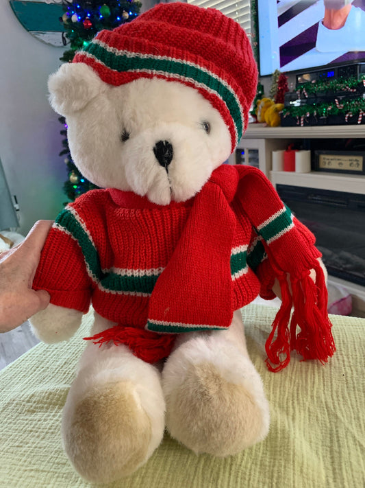 Vintage Jingle White Teddy Bear Santa Plush - 21" Holiday Decor