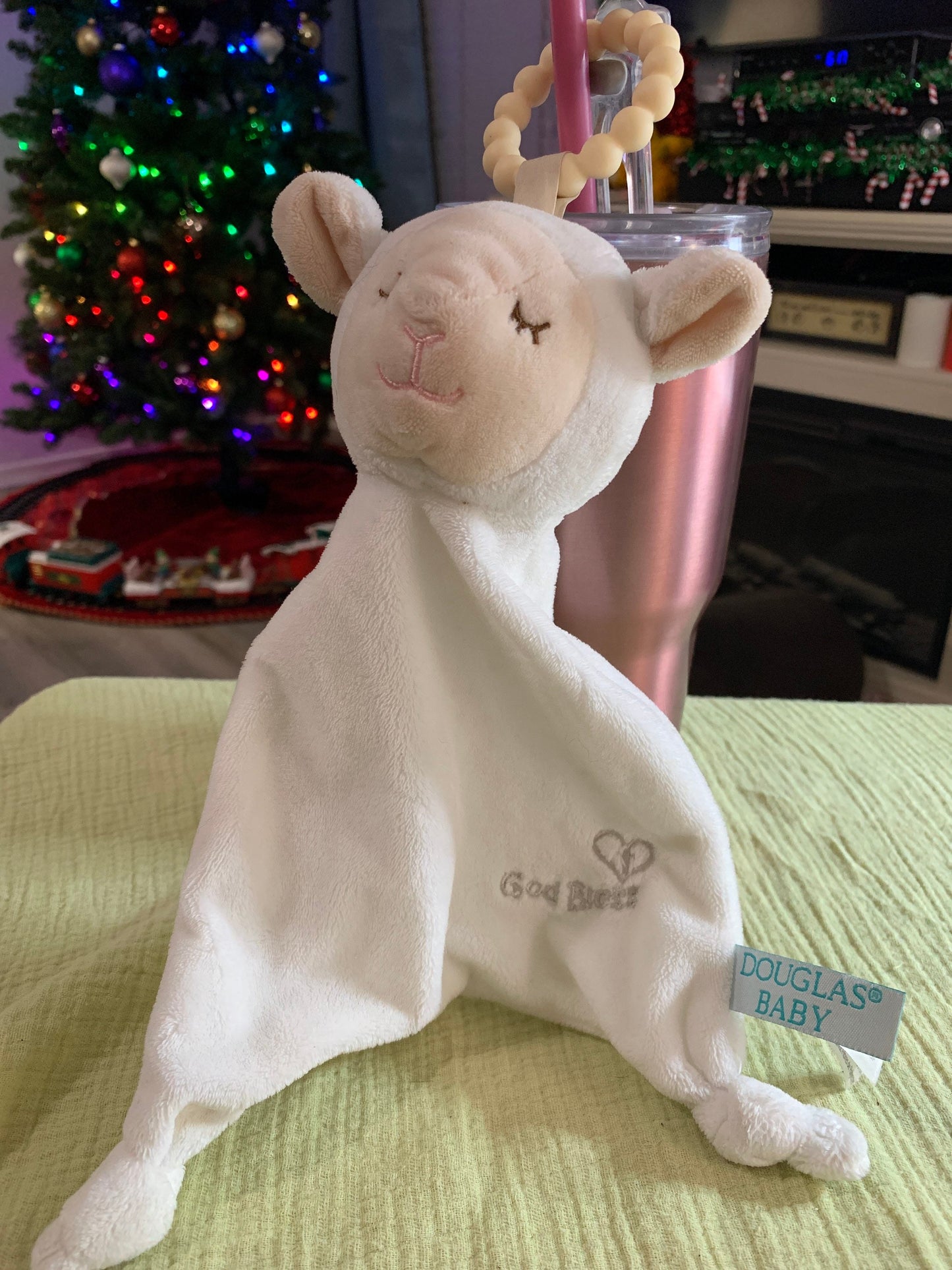 Douglas Baby Lamb Lovey Security Blanket. Ivory. God bless in the corner.