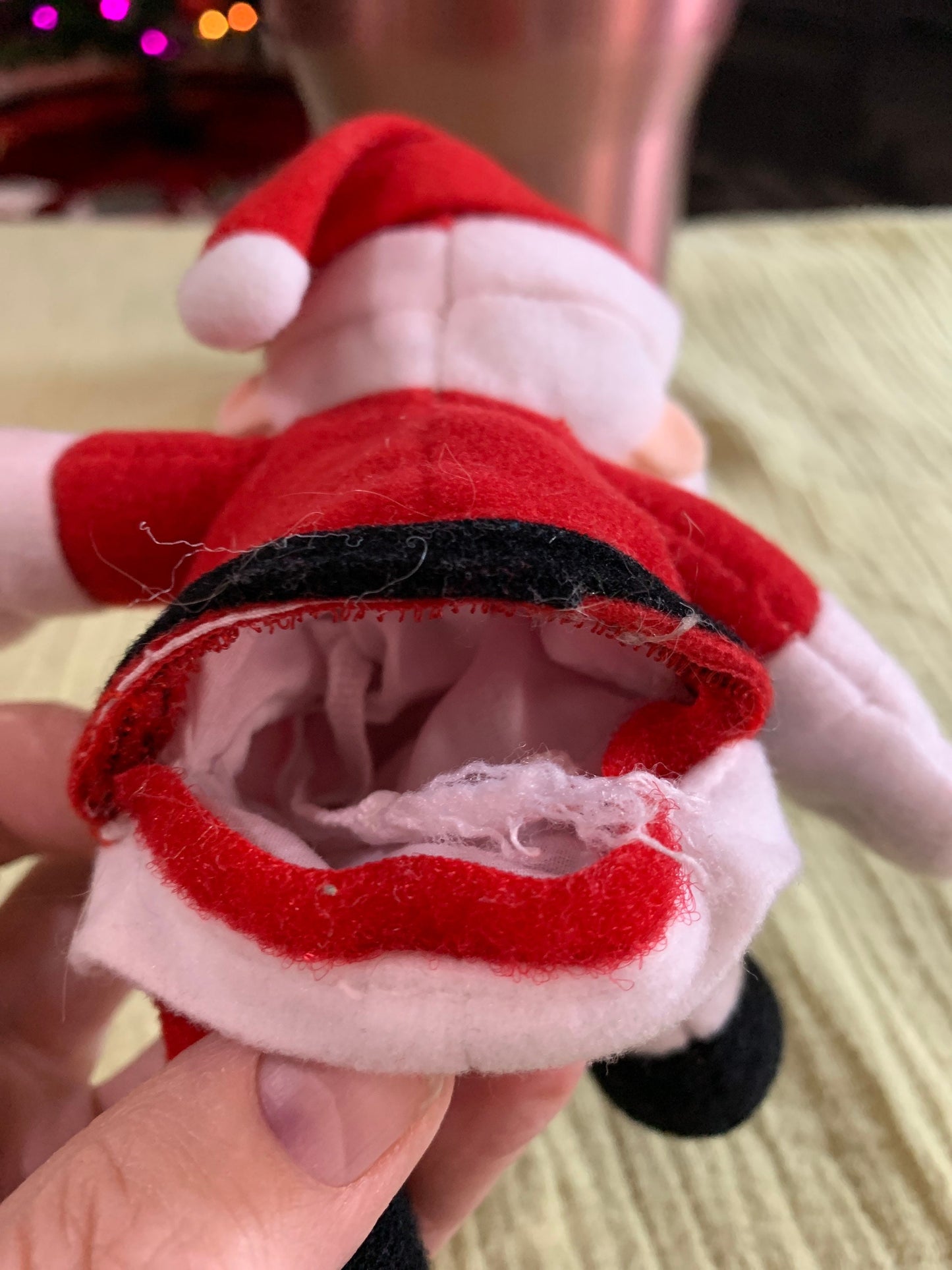 Small Santa Plush with stash area. Can be an ornamental with hidden gift! 4”