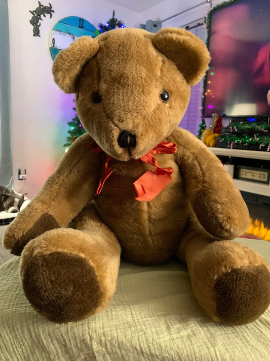 Vintage Large Brown Jointed Teddy Bear Plush. 15” Sitting Dark brown foot pads.