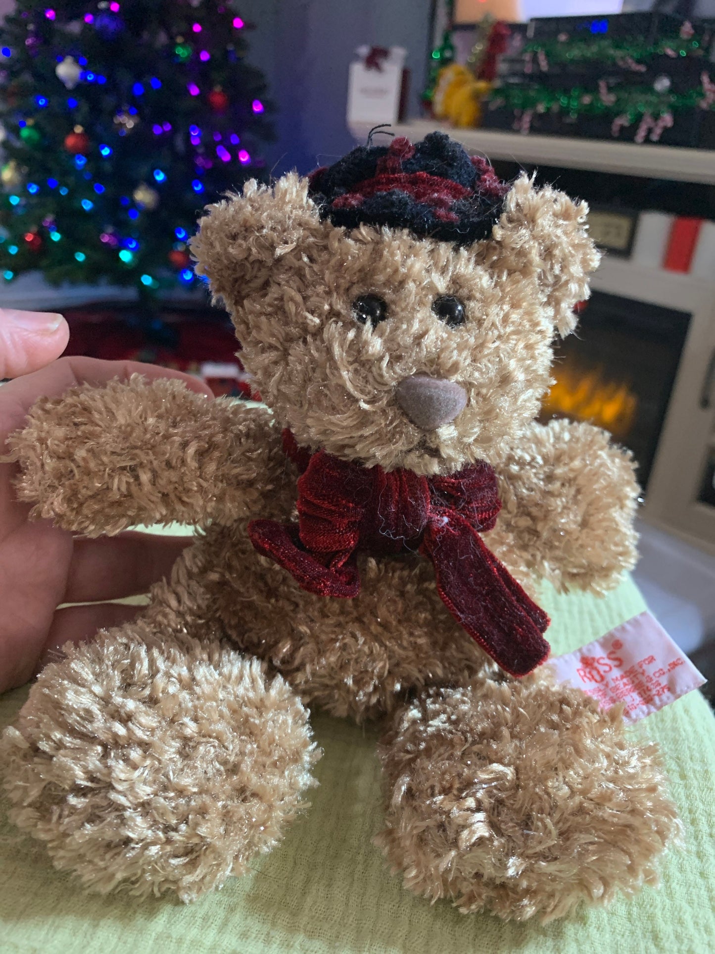 Vintage Russ Teddy Bear, Shimmering Brown Fur with Red Velvet Bow & Hat