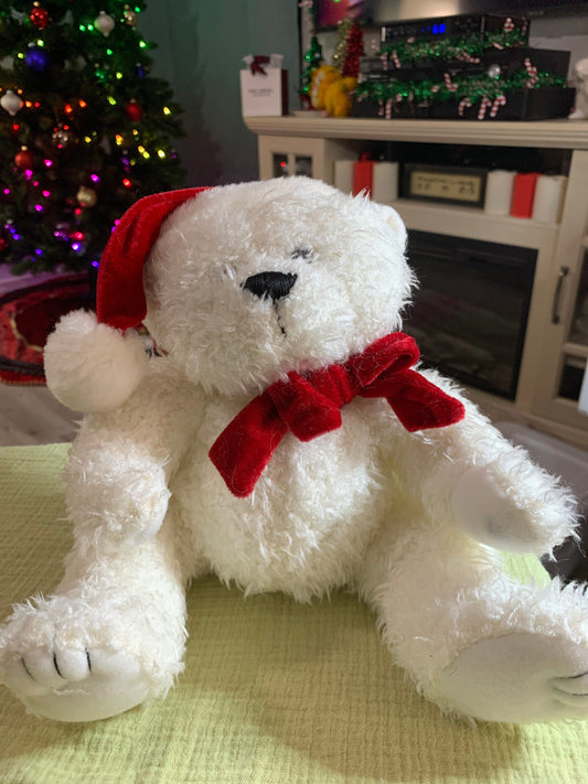 Vintage White Teddy Bear Polar Bear Plush with Red Velvet Bow and Santa Hat