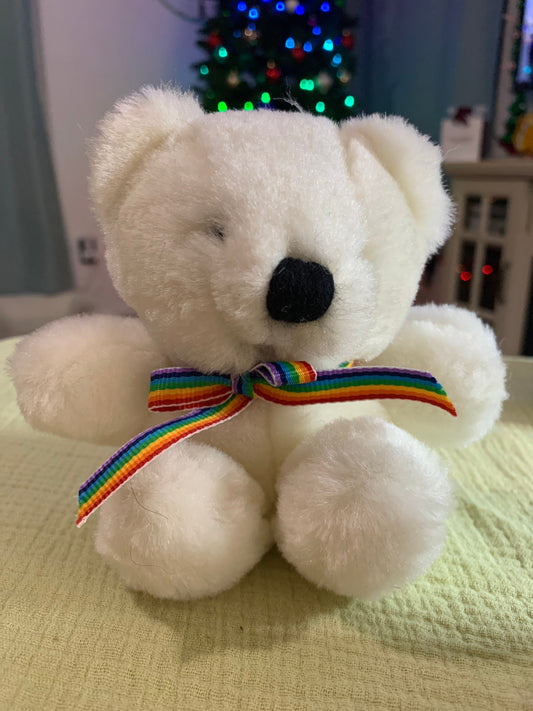 Dakin White Teddy Bear Plush Rainbow Ribbon 1990