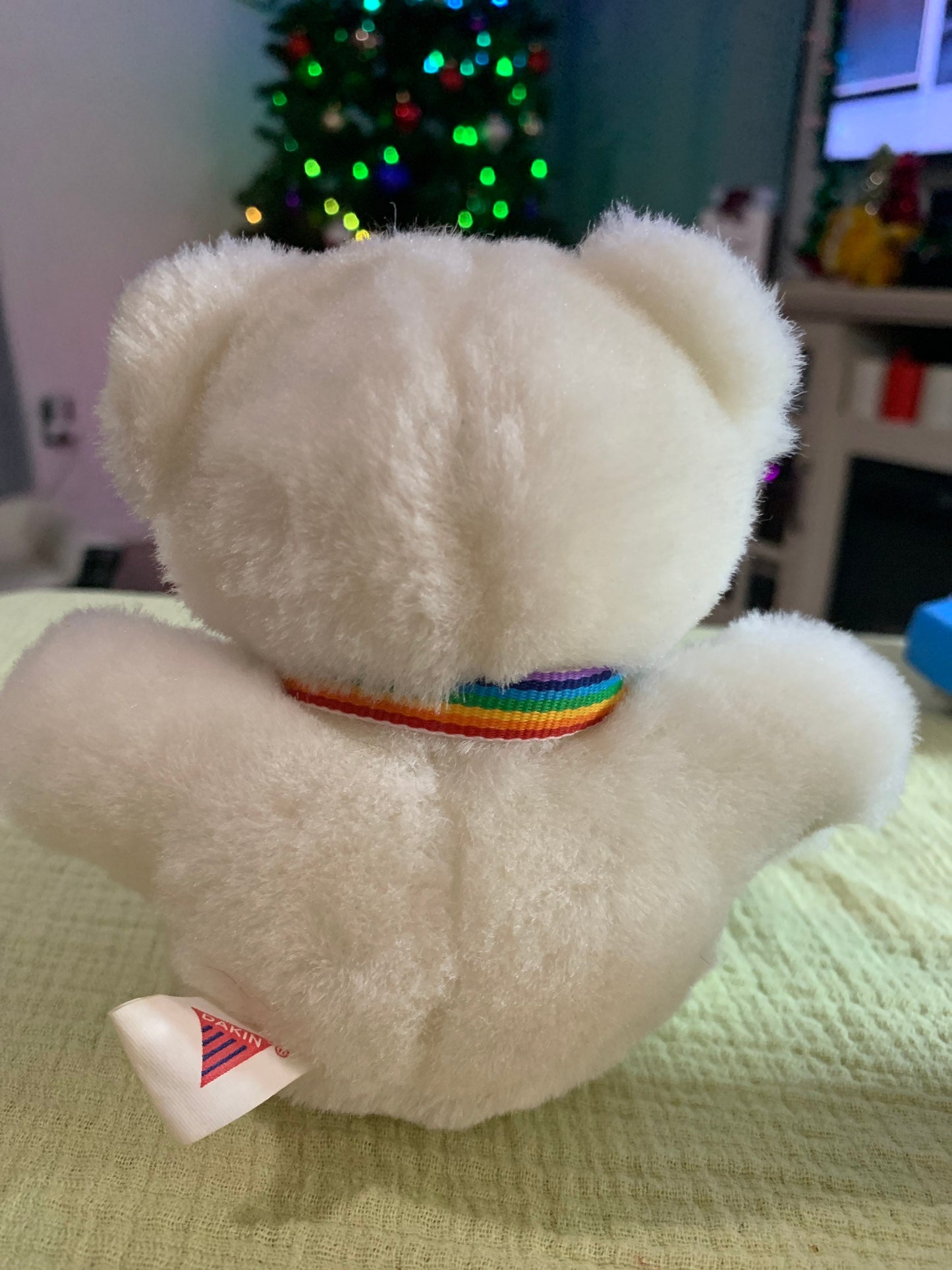 Dakin White Teddy Bear Plush Rainbow Ribbon 1990