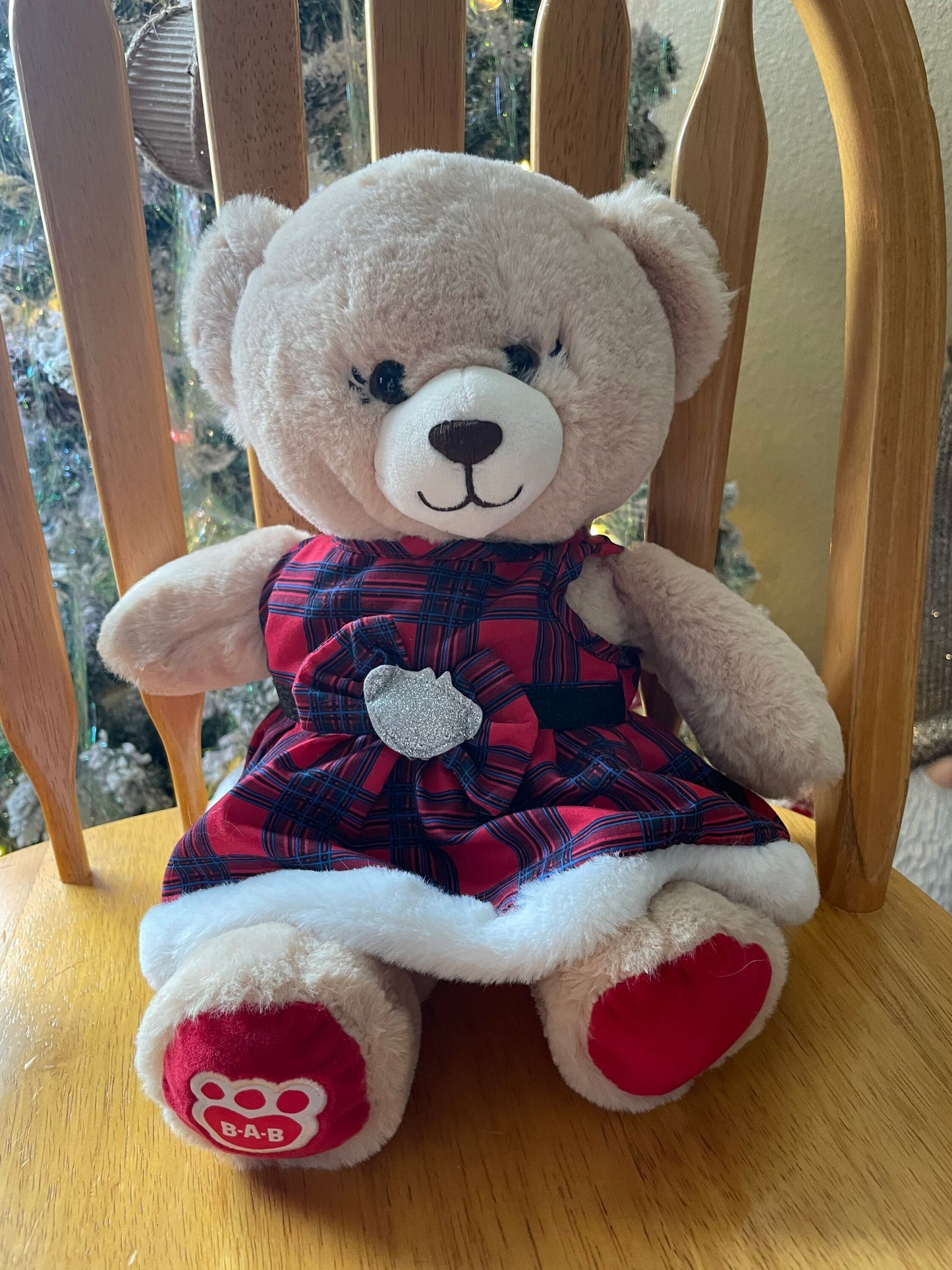 BABW Beige Soft Teddy Bear in Holiday Red Plaid Dress 14”