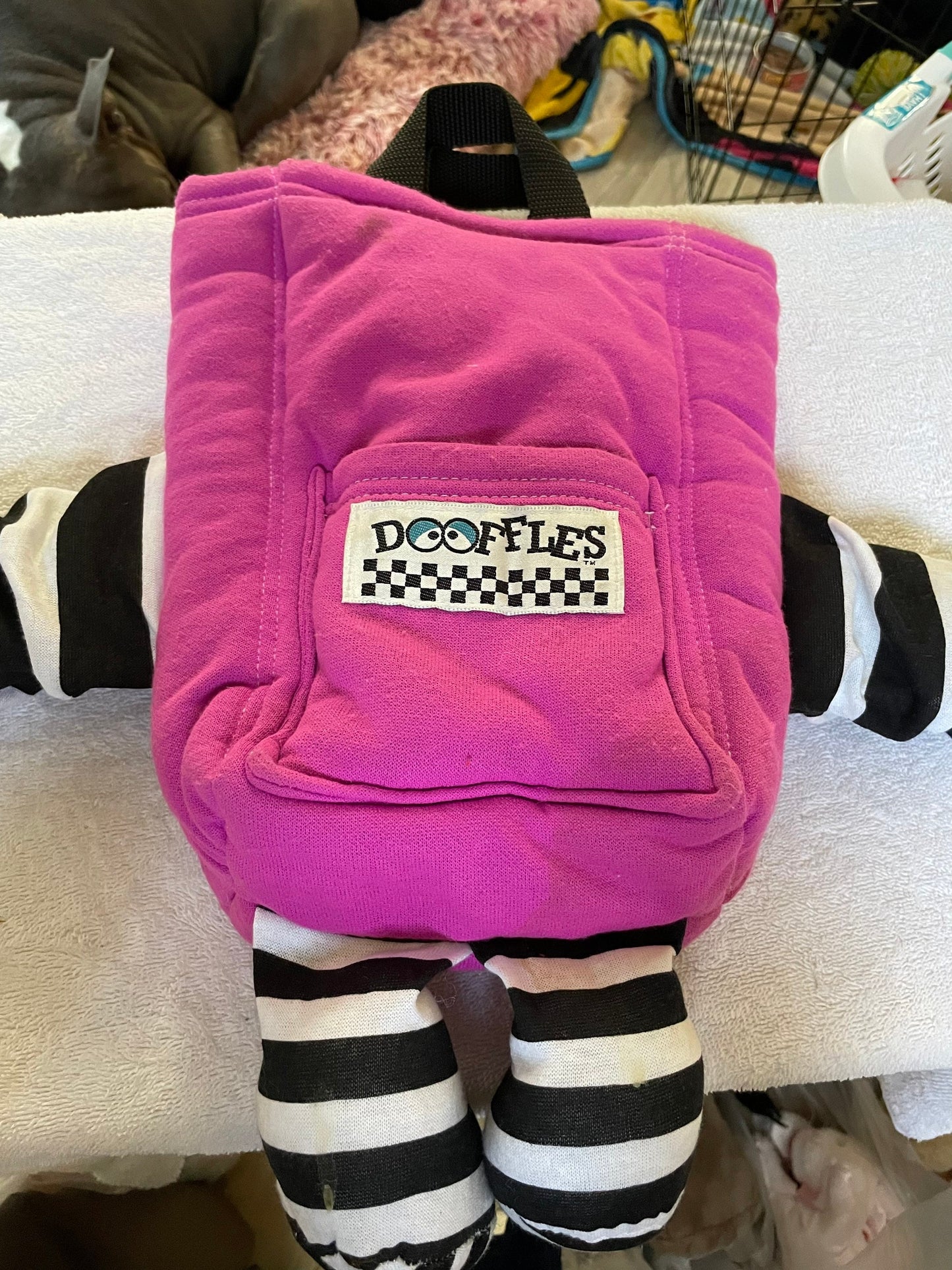 Dooffles Pink/Purple Black and White Striped Bookbag Handbag Plush