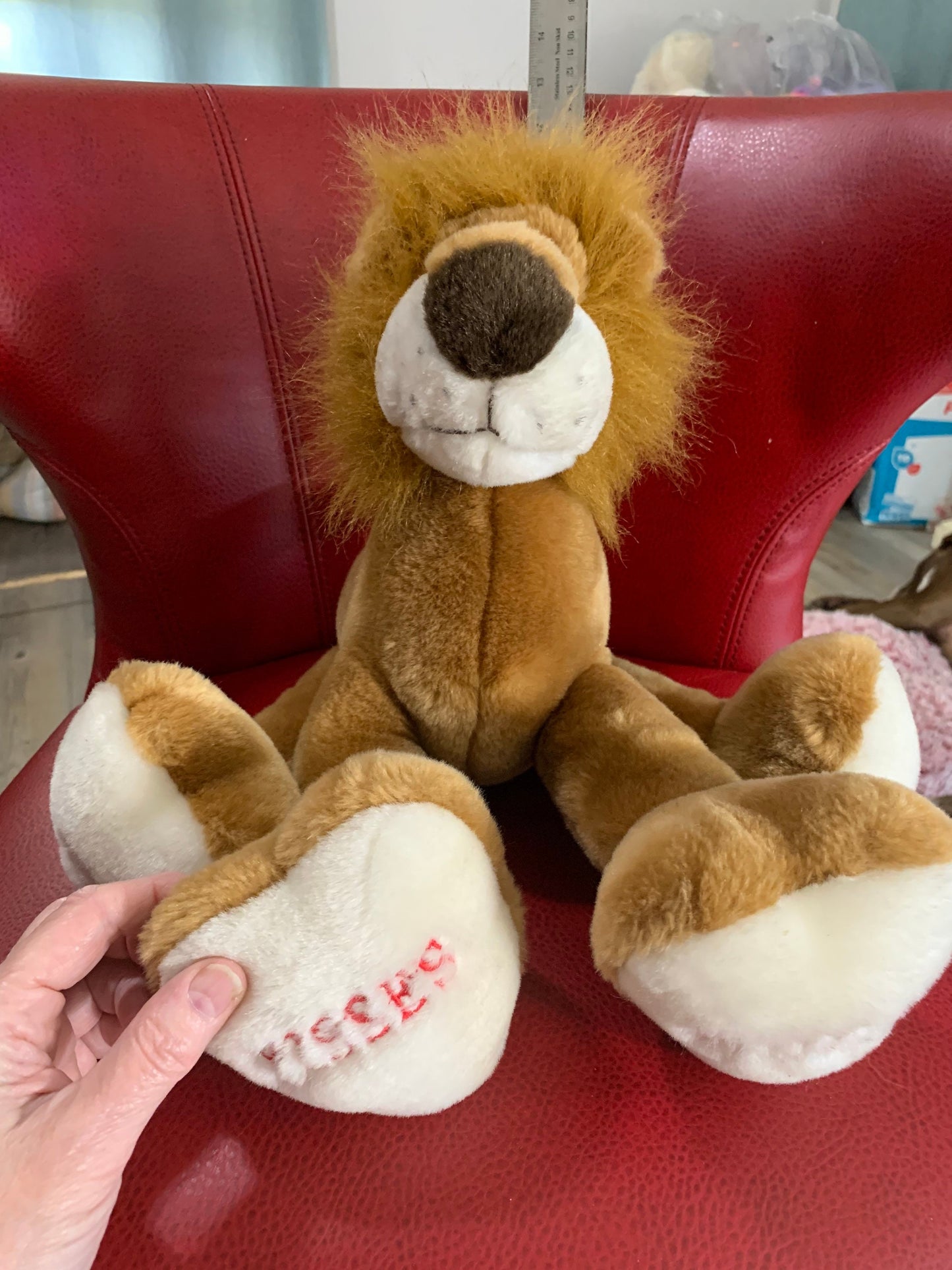 Vintage Chrisha Playful Plush Valentines Lion Plush. Pose-able legs. Rare