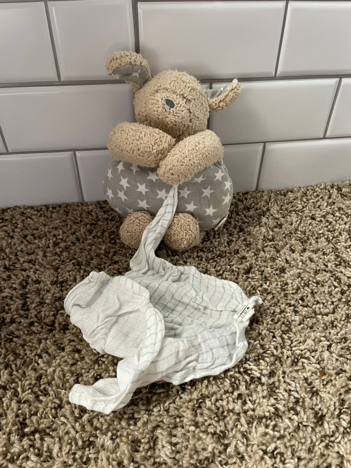 Mudpie Plush Puppy Gray Stars And Striped Blanket Mud Pie Baby Toy Rare HTF
