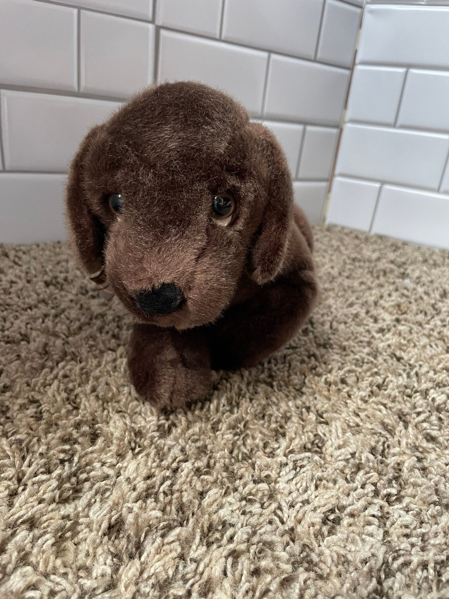 Russ international chocolate brown lab dog plush with brown plaid ribbon