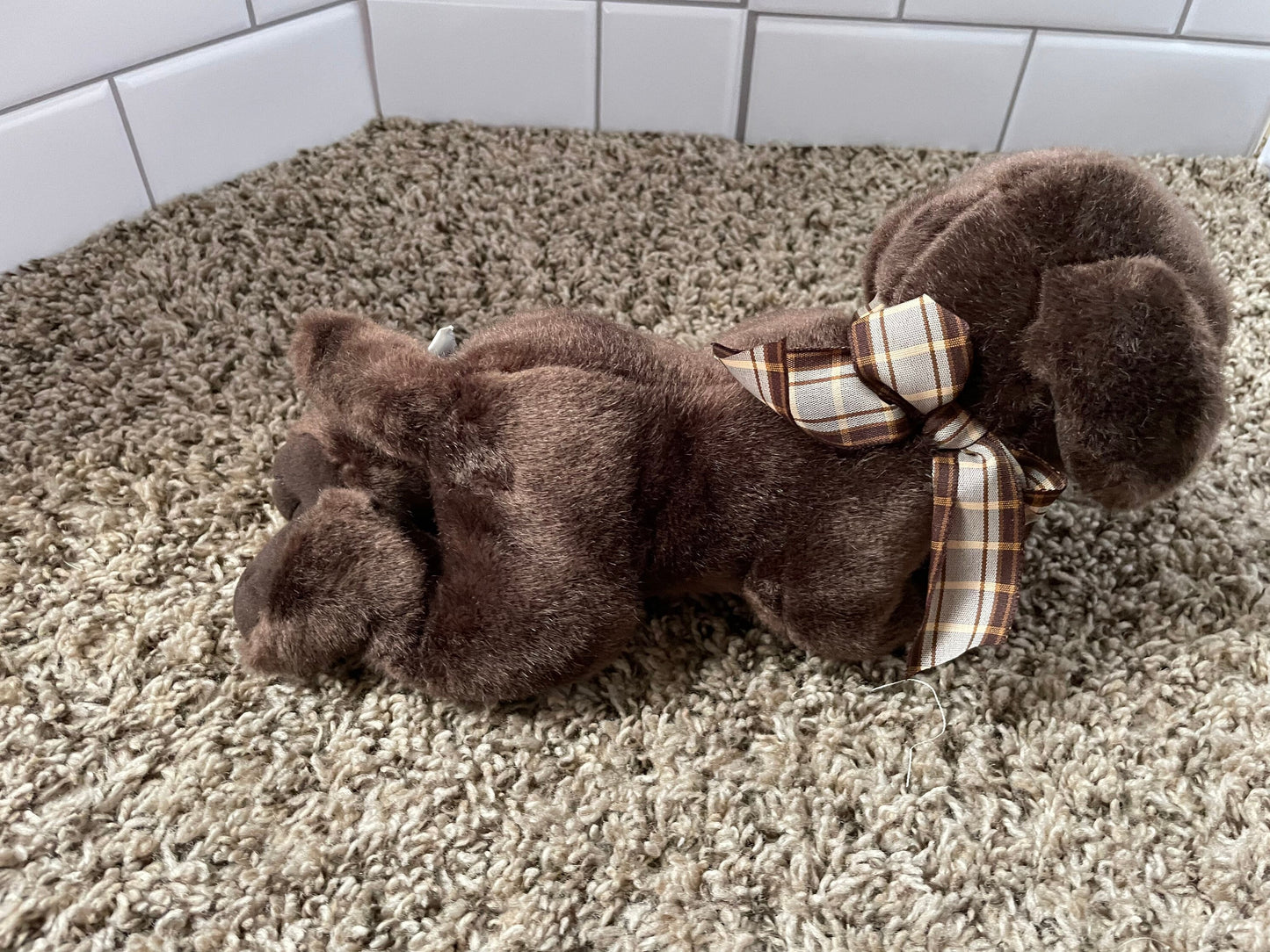 Russ international chocolate brown lab dog plush with brown plaid ribbon