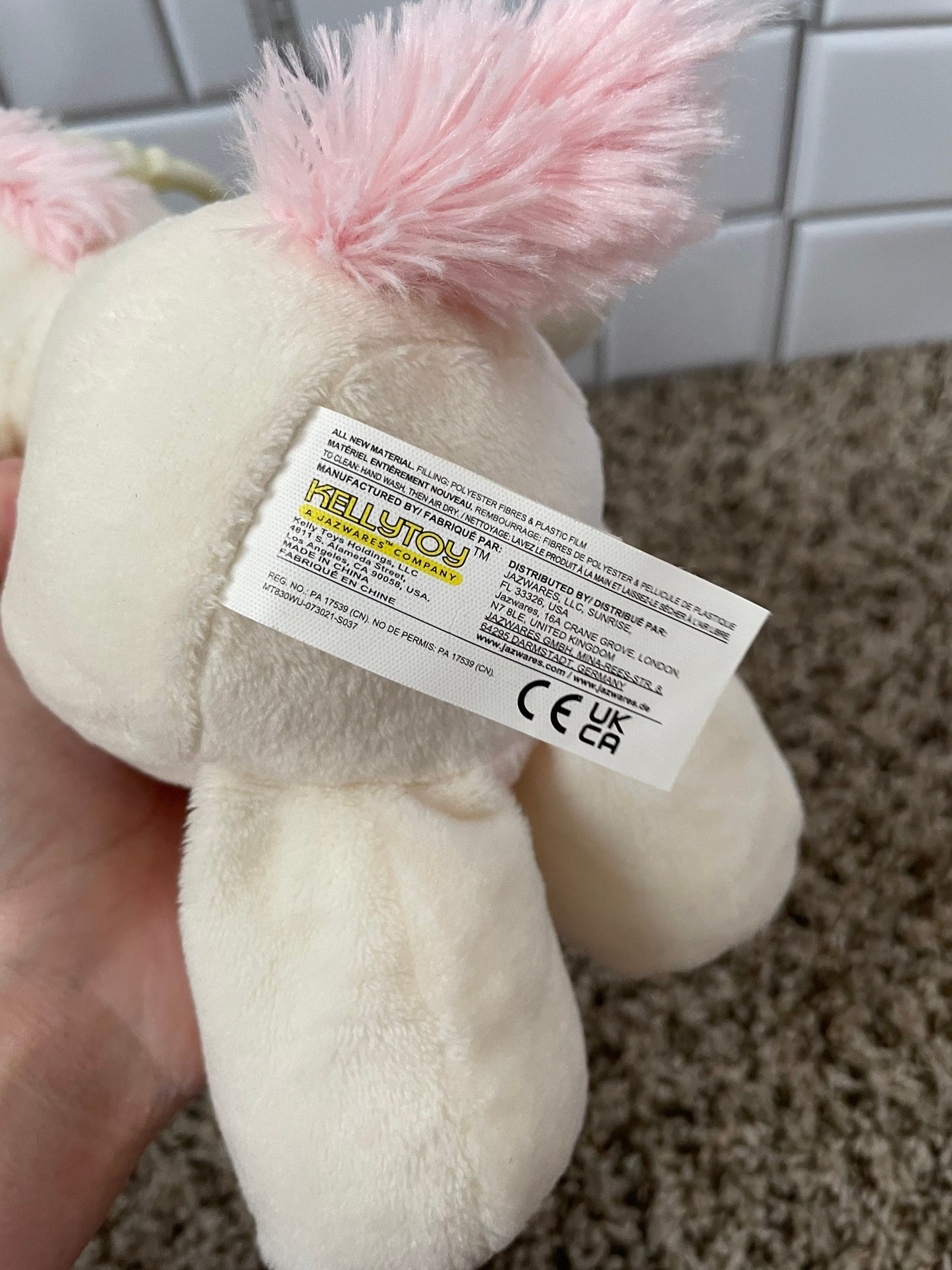 Kellytoy Pink And White Unicorn Plush. Stroller or Crib Hanger
