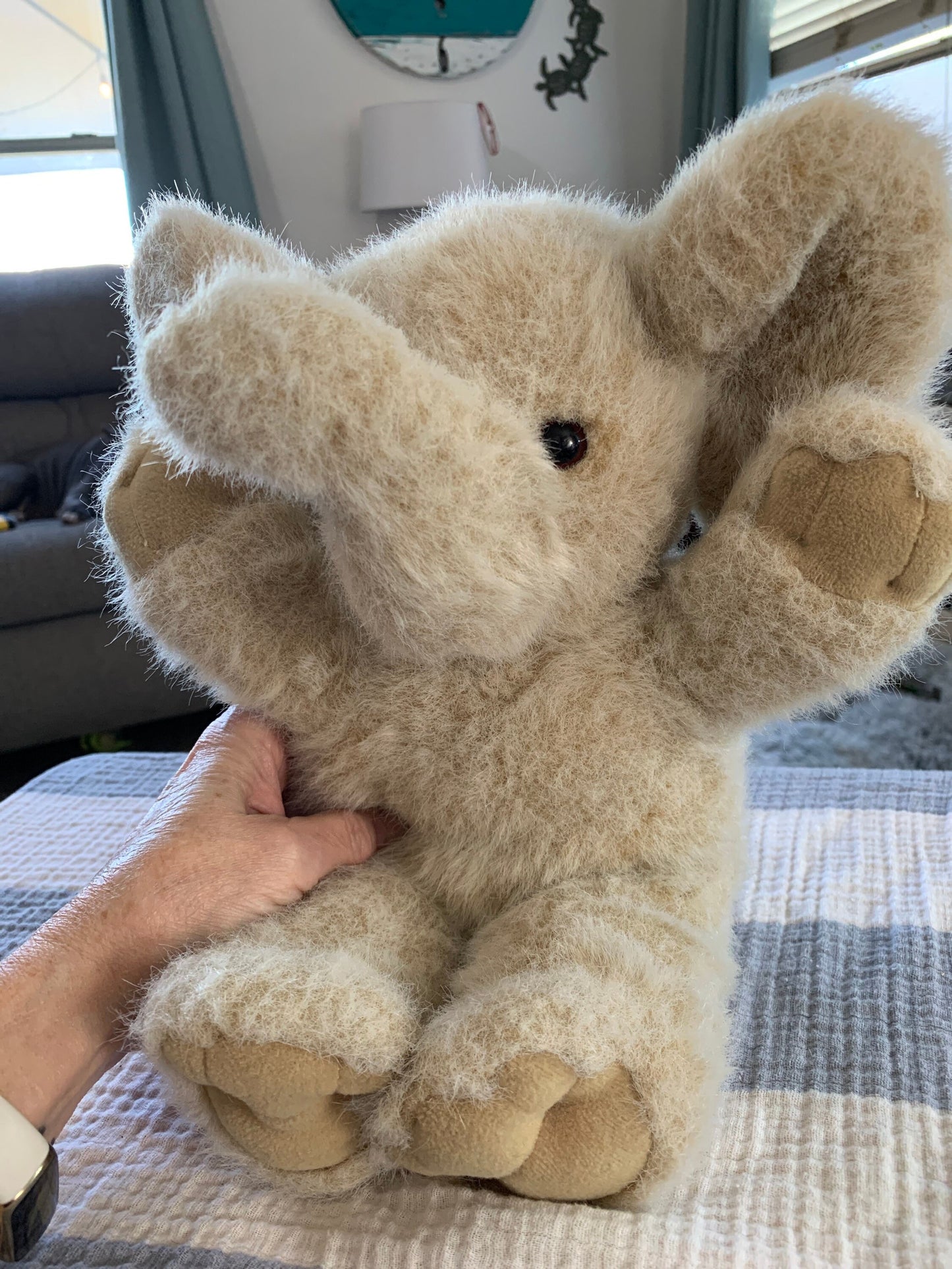 Elephant Plush. Cream and Brown. Vintage. Sitting Position. Vintage. Adorable
