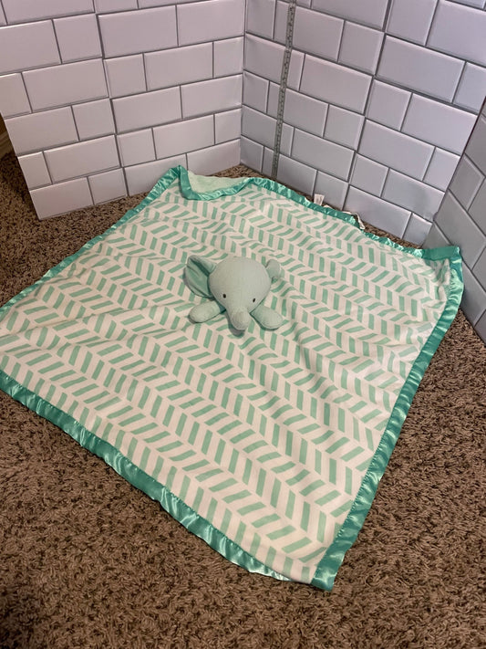 Cloud Island Green and White Elephant Lovey/Lovie Security Blanket. Large 29”
