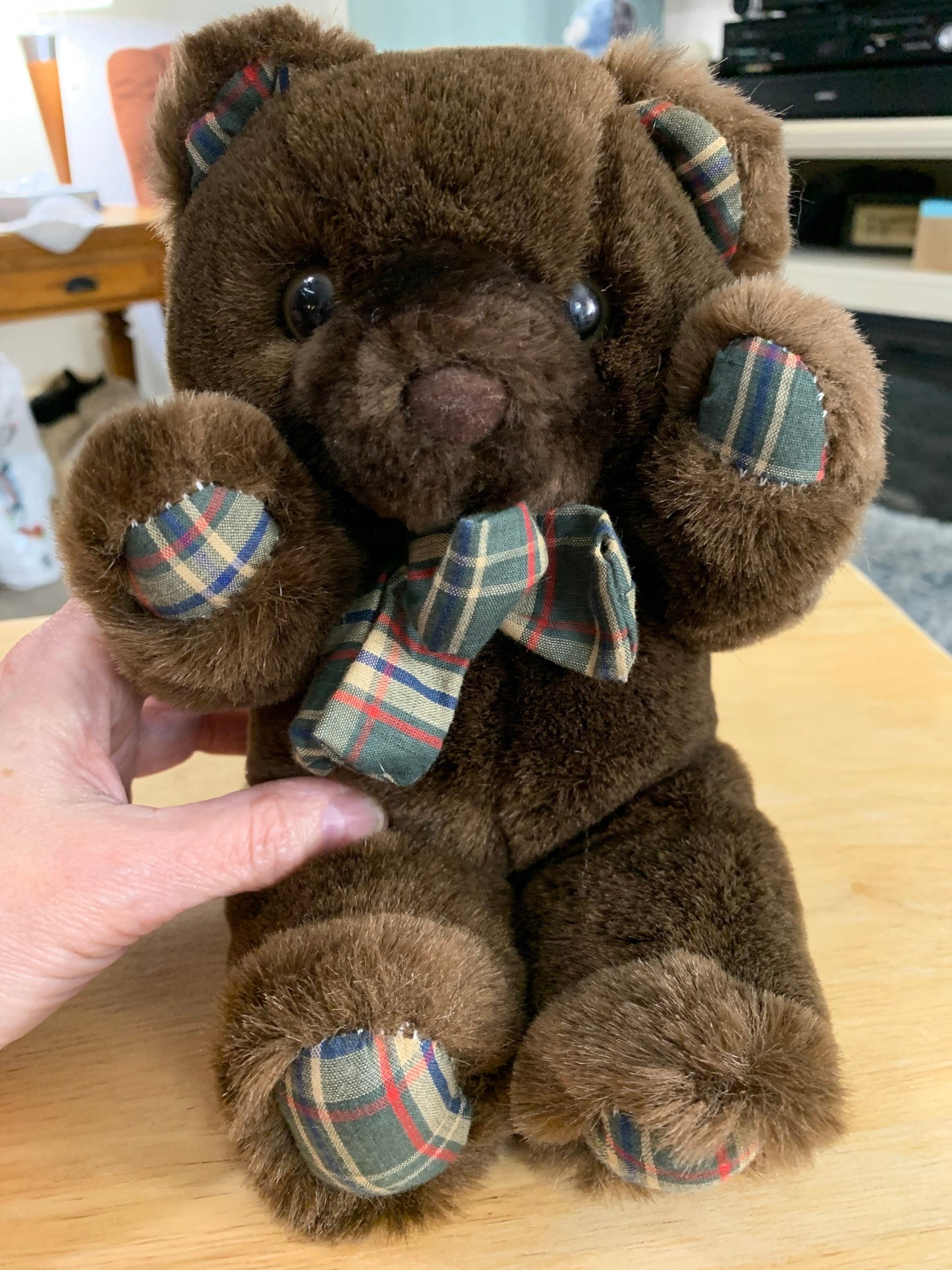 Dark Brown Plush Teddy Bear with Plaid Bow