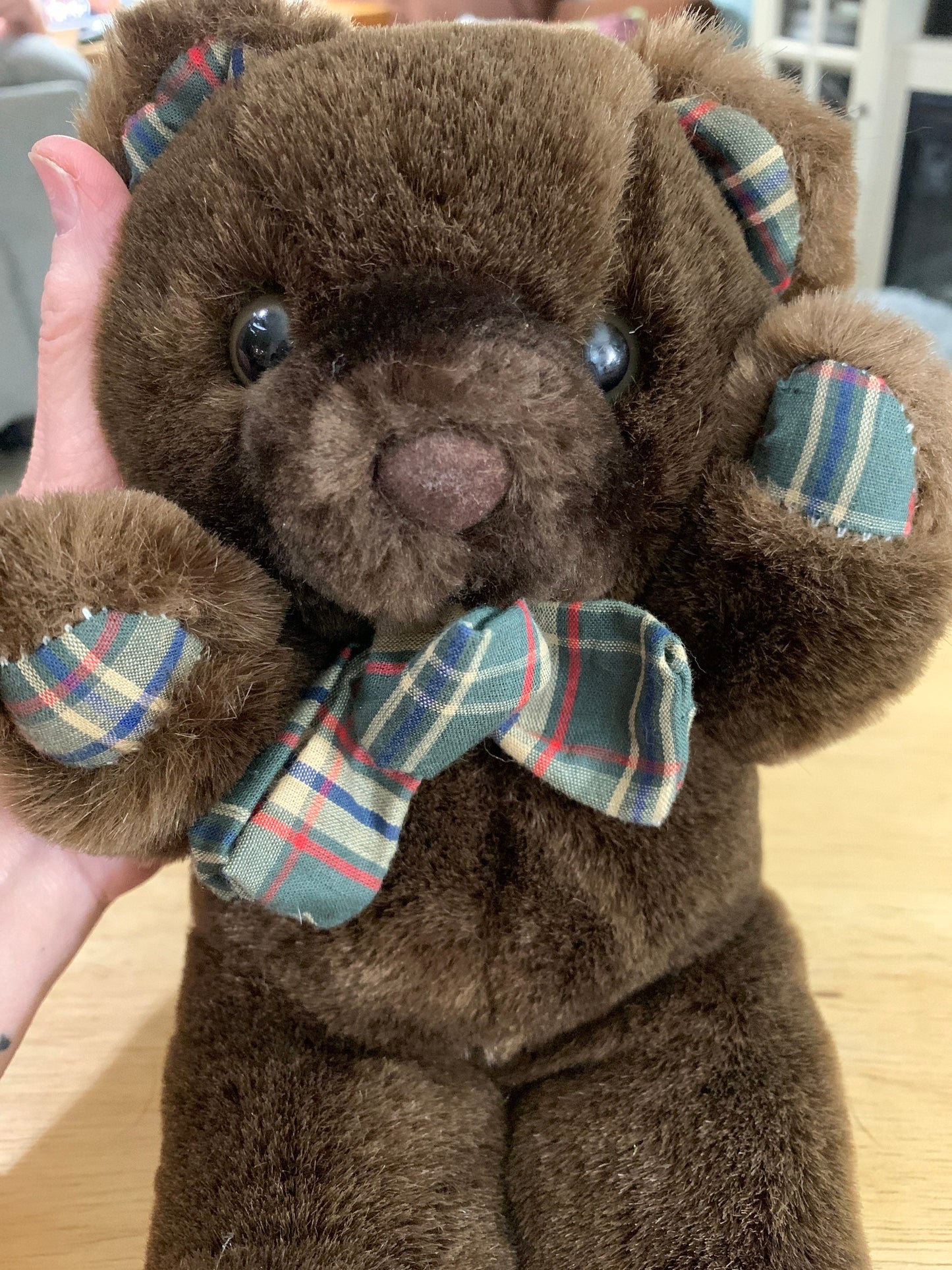 Dark Brown Plush Teddy Bear with Plaid Bow