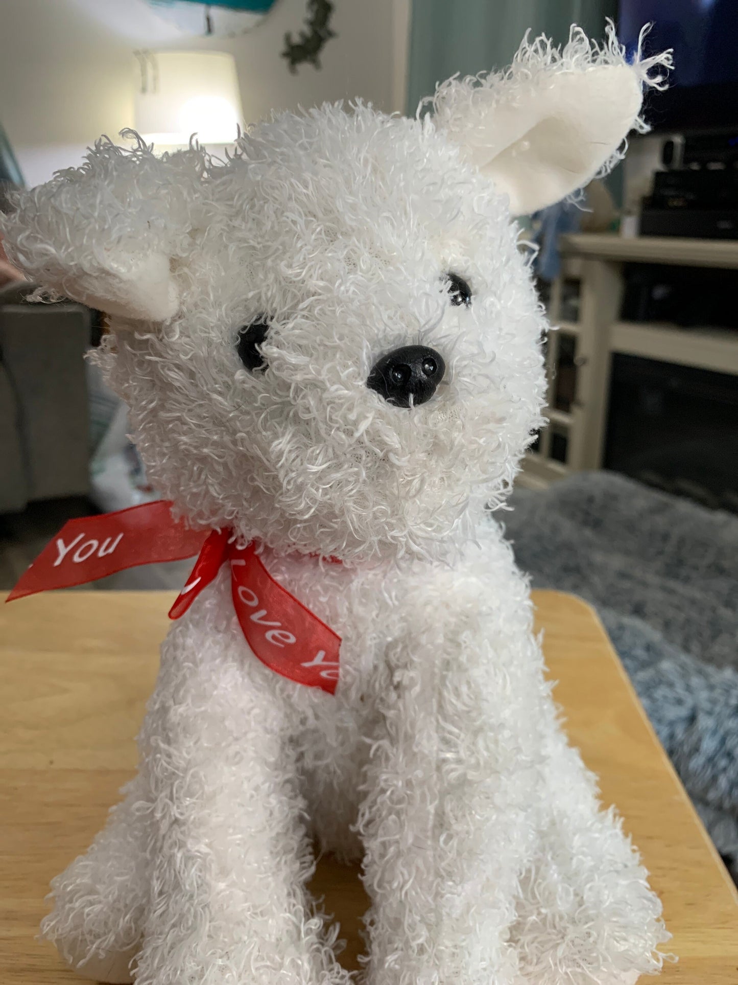 Curly White Goffa Puppy Dog Plush with Red “I Love You” Ribbon Plush