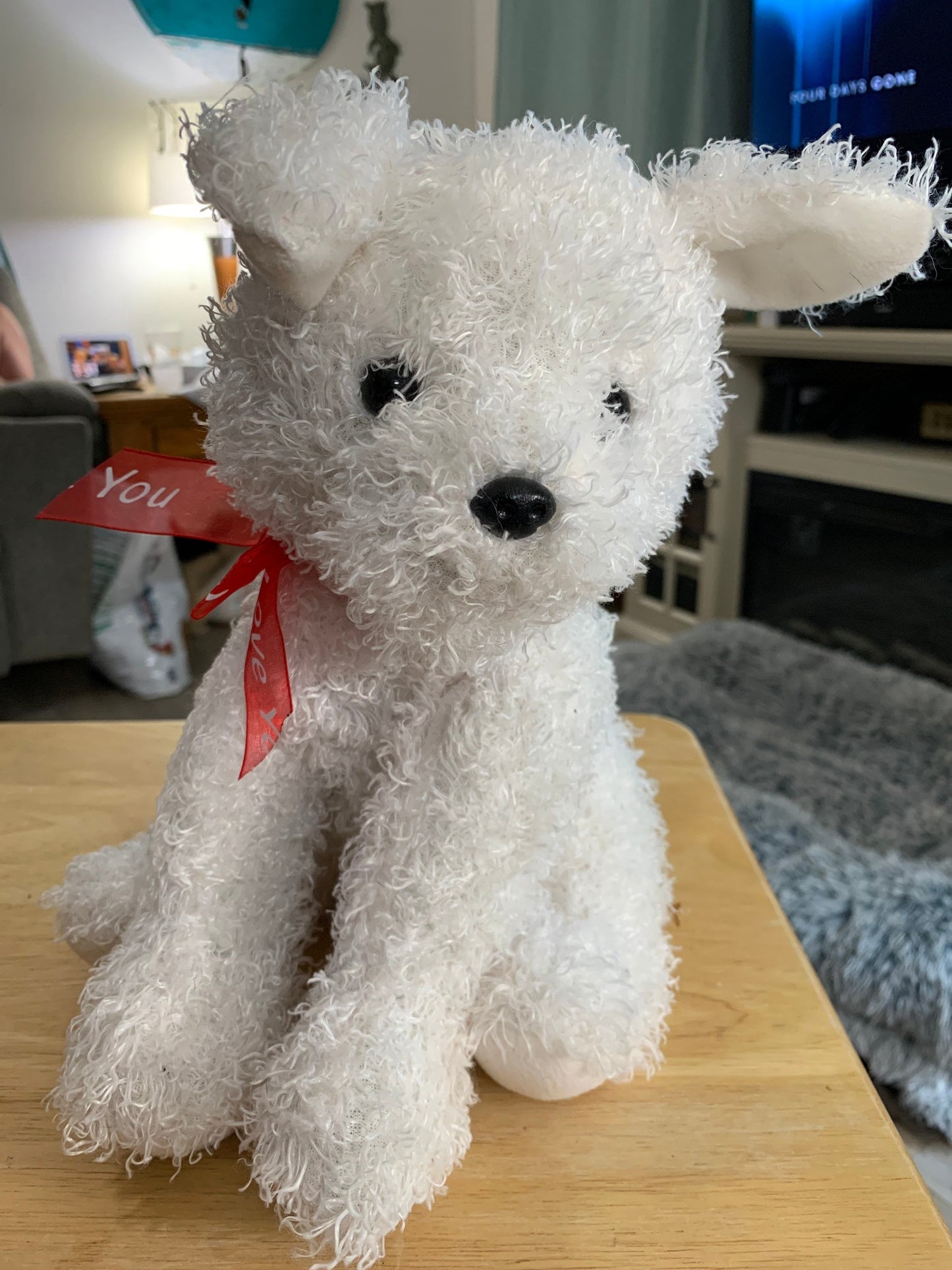 Curly White Goffa Puppy Dog Plush with Red “I Love You” Ribbon Plush