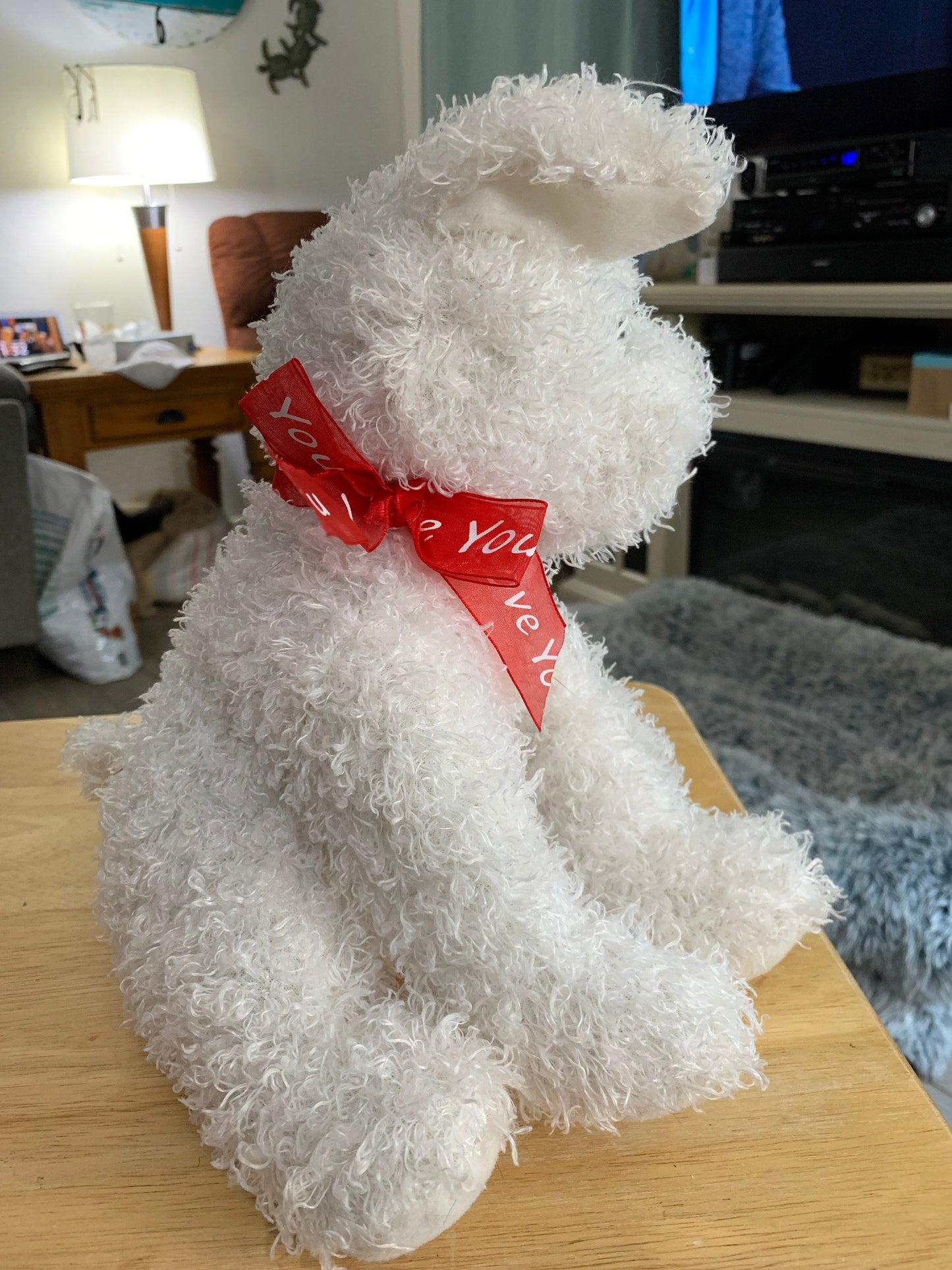 Curly White Goffa Puppy Dog Plush with Red “I Love You” Ribbon Plush