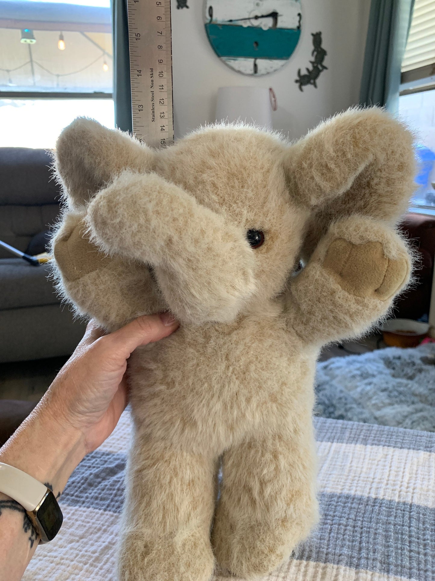 Elephant Plush. Cream and Brown. Vintage. Sitting Position. Vintage. Adorable