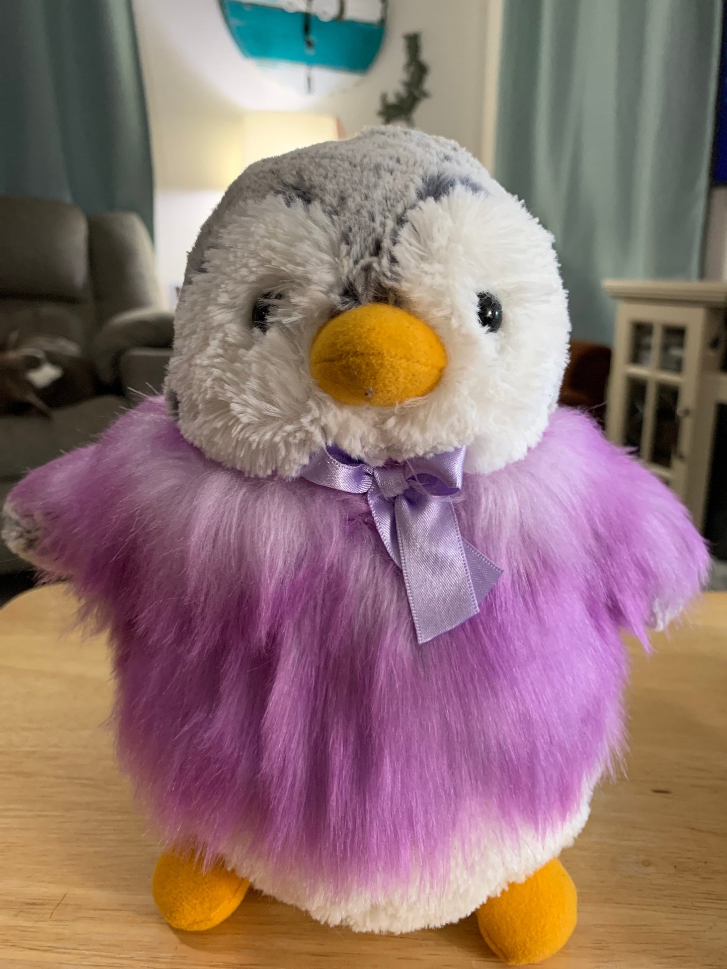 Aurora Purple Pom Pom Gray and White Penguin Plush. Approximately 8.5” NWT