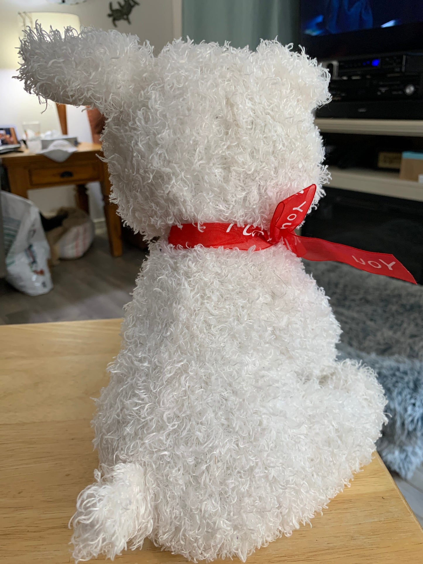 Curly White Goffa Puppy Dog Plush with Red “I Love You” Ribbon Plush