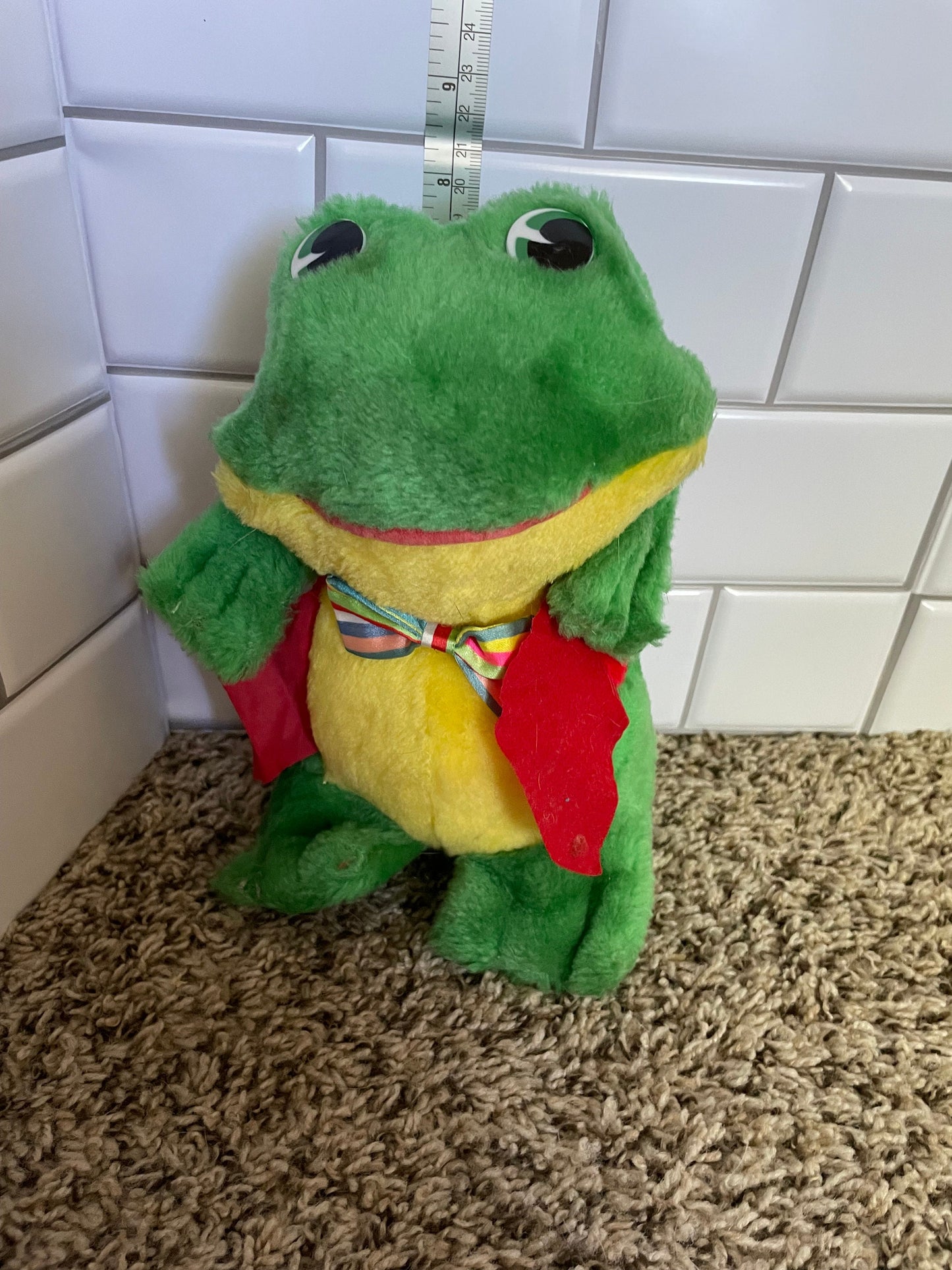 Green Carnival Style Hard Stuffed Dapper Frog Plush With Red Vest And Bow Tie.