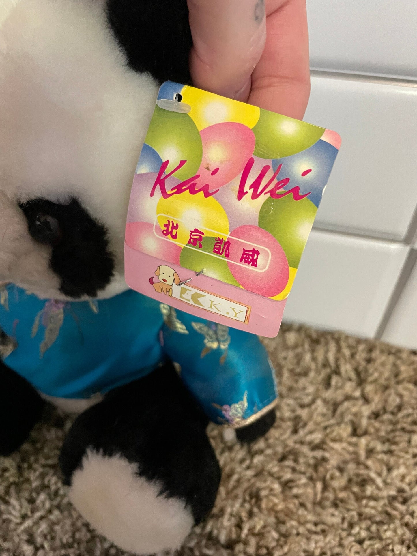 Kai Wei Black And White Chinese Panda Bear Plush Blue Kimono NWT