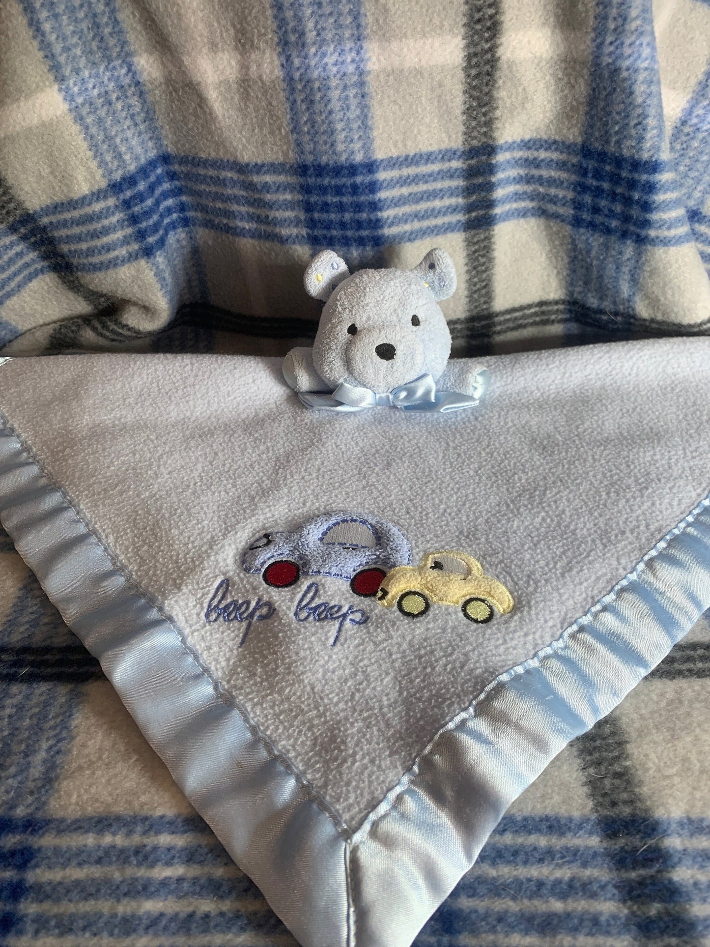 Carters Blue Bear Security Blanket With Cars & Squeaker
