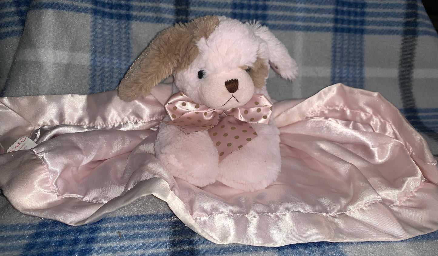 Bearington Baby Pink Puppy Lovey with Satin Blanket