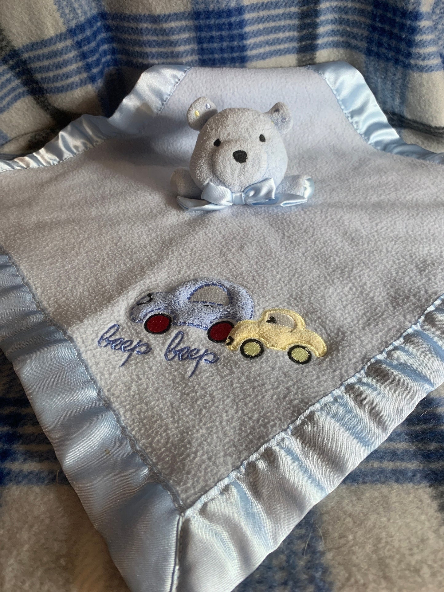 Carters Blue Bear Security Blanket With Cars & Squeaker