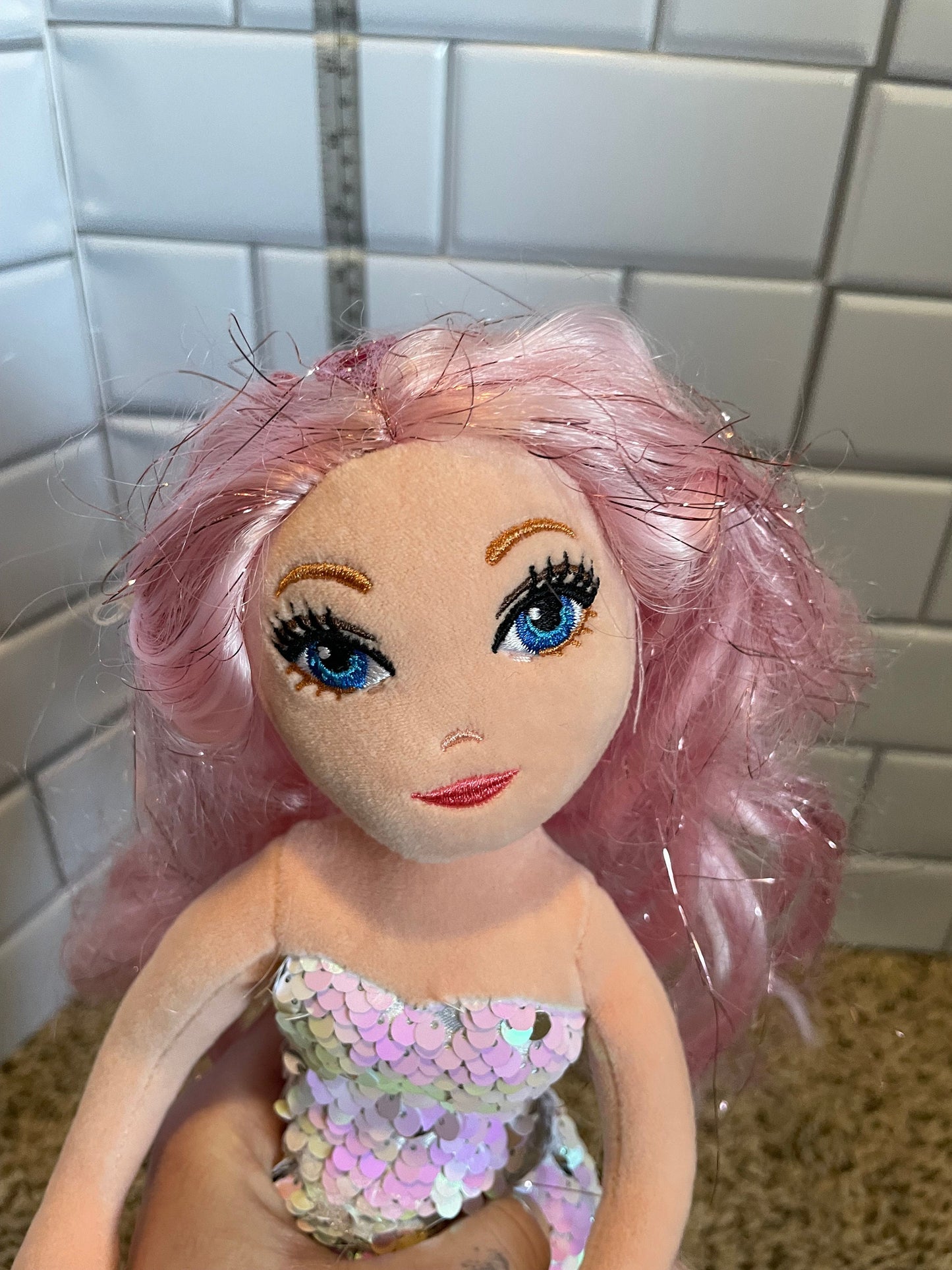 TY Cora Pink Sequin Mermaid Doll Plush. Pink Hair Blue Eyes