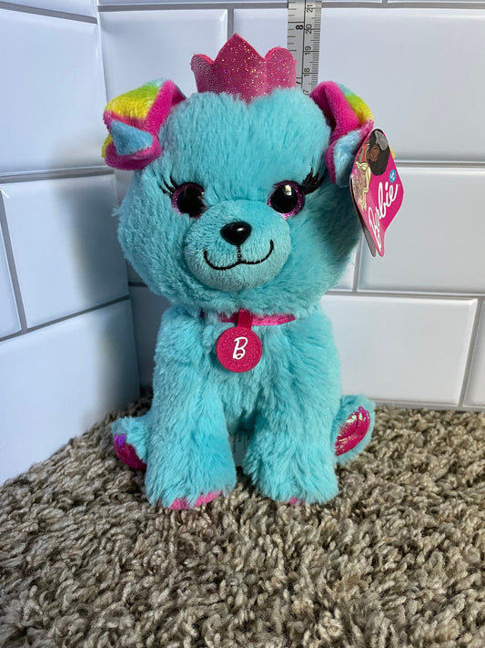Mattel Barbie Teal Blue Puppy Dog Plush NWT Pink Crown
