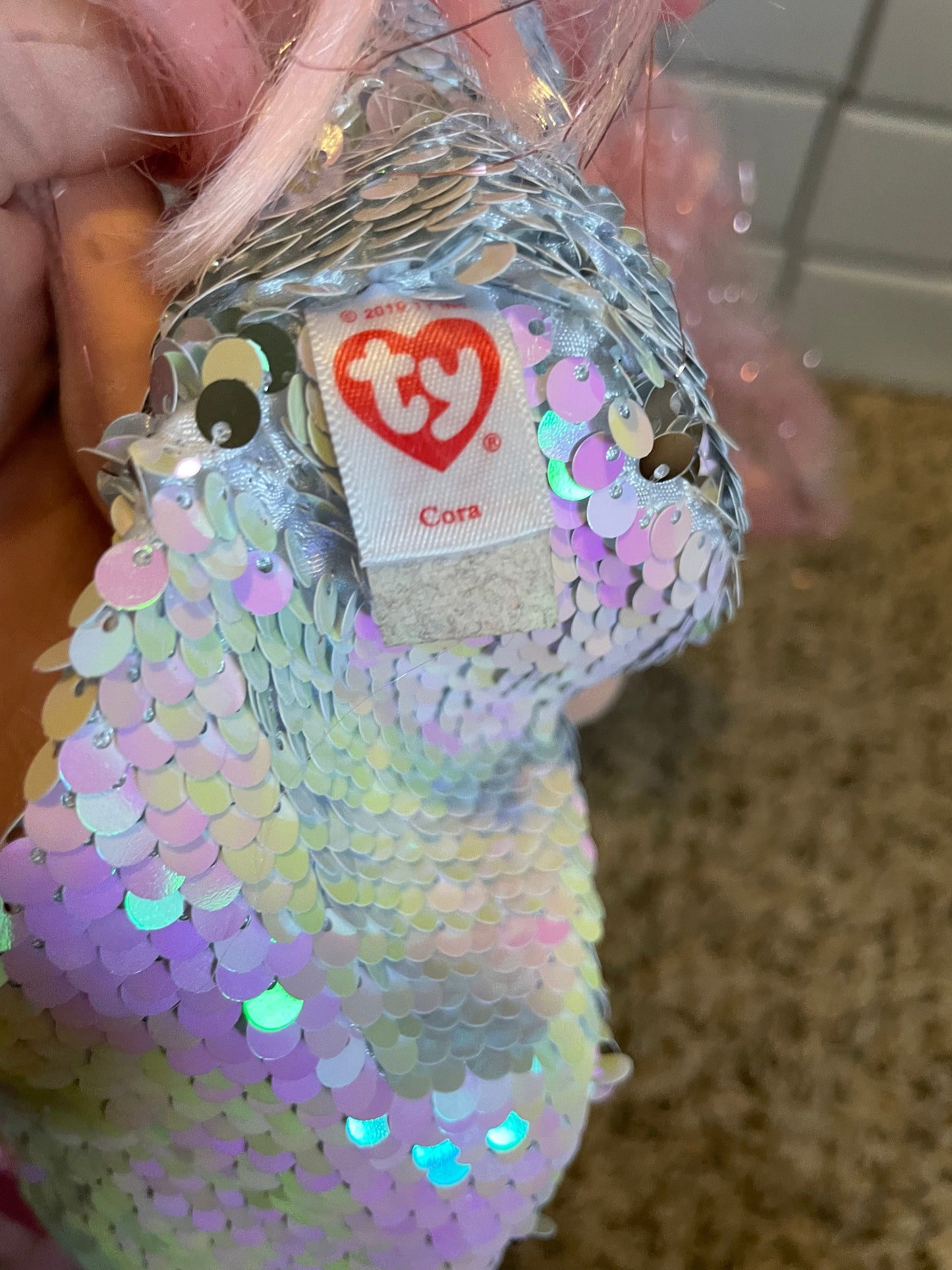 TY Cora Pink Sequin Mermaid Doll Plush. Pink Hair Blue Eyes