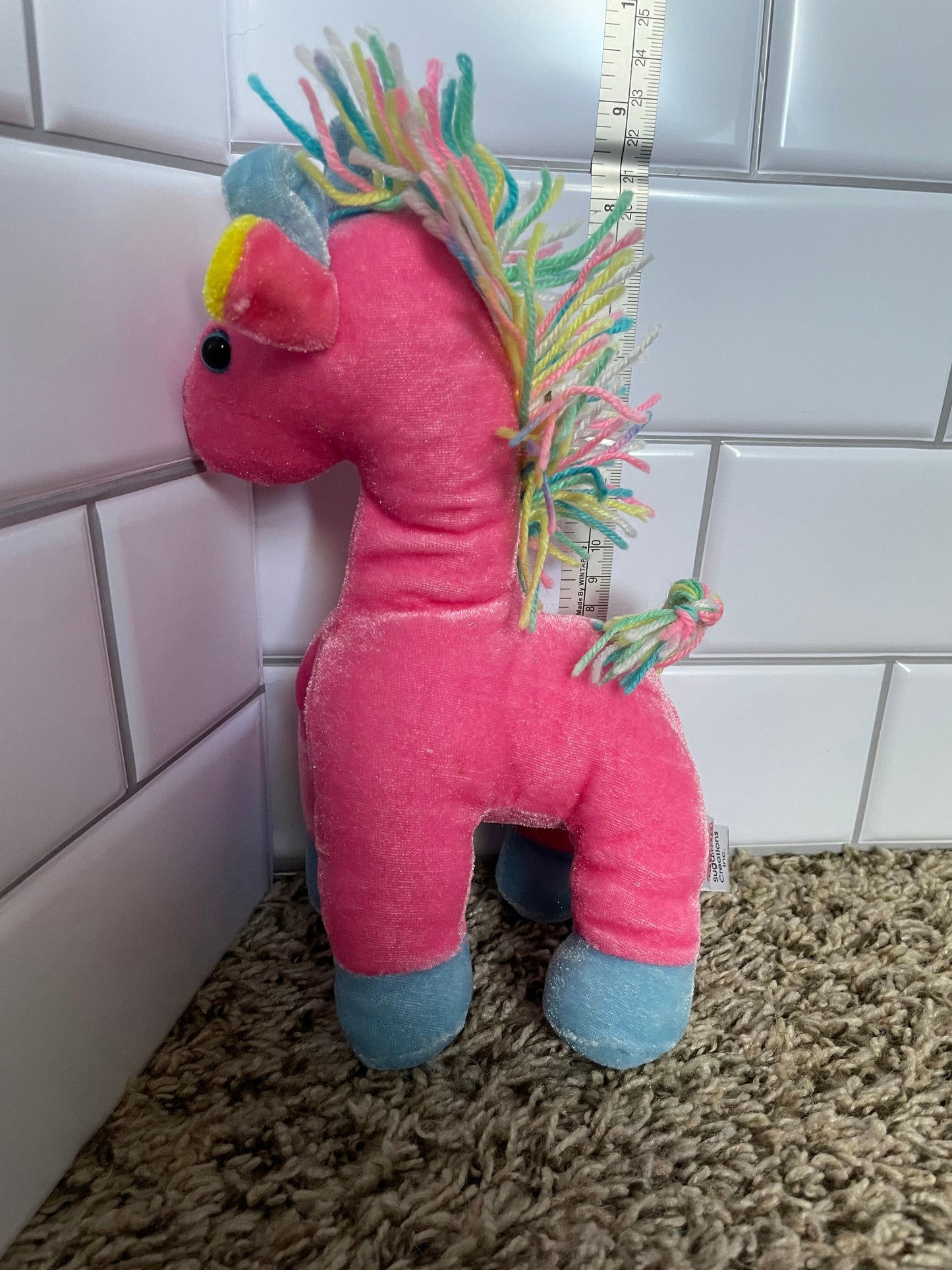 Sugar Loaf Plush Horse, Pink with Rainbow Yarn Hair (8")