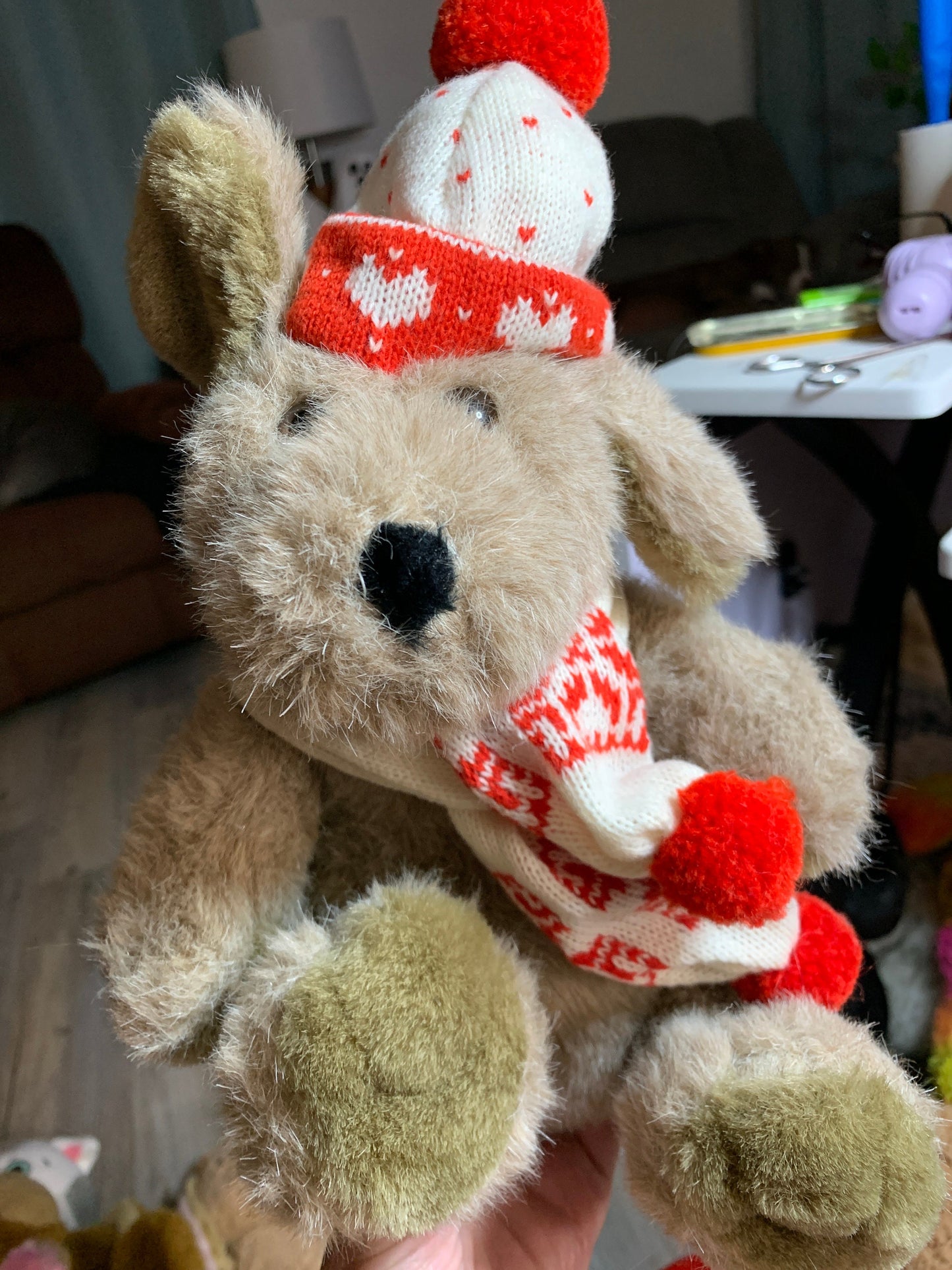 Dayton Hudson small KrisMutt Christmas Puppy Dog Stuffed Animal. Missing his gloves. Approximately 10”