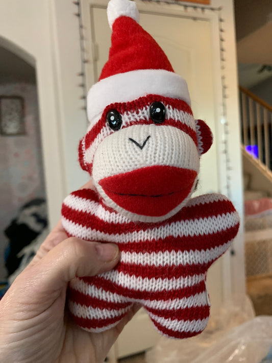 Vintage Christmas Sock Monkey Plush with Santa Hat